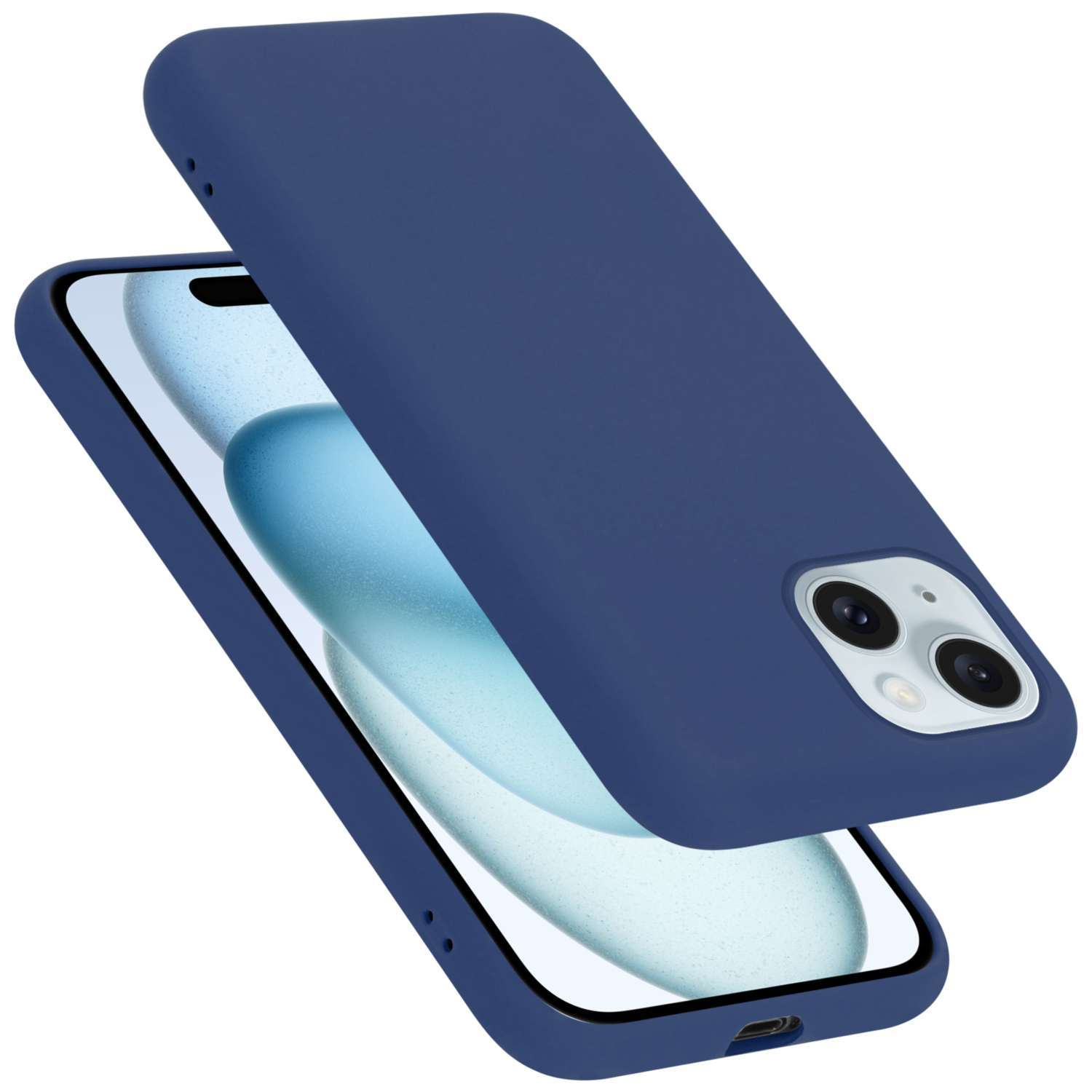 Eine dunkelblaue Handyhülle mit einem Handy darin. Das Telefon ist weiß mit einem Bildschirm.