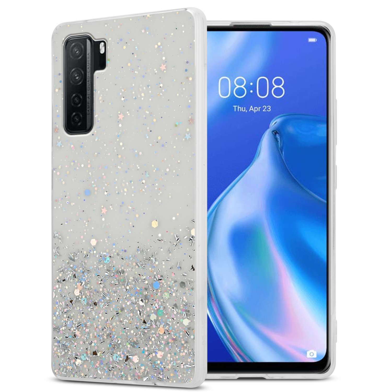 Telefon mit glitzernder Hülle. Die Hülle ist transparent mit Glitzer. Bildschirm zeigt Uhr und blaues Design.