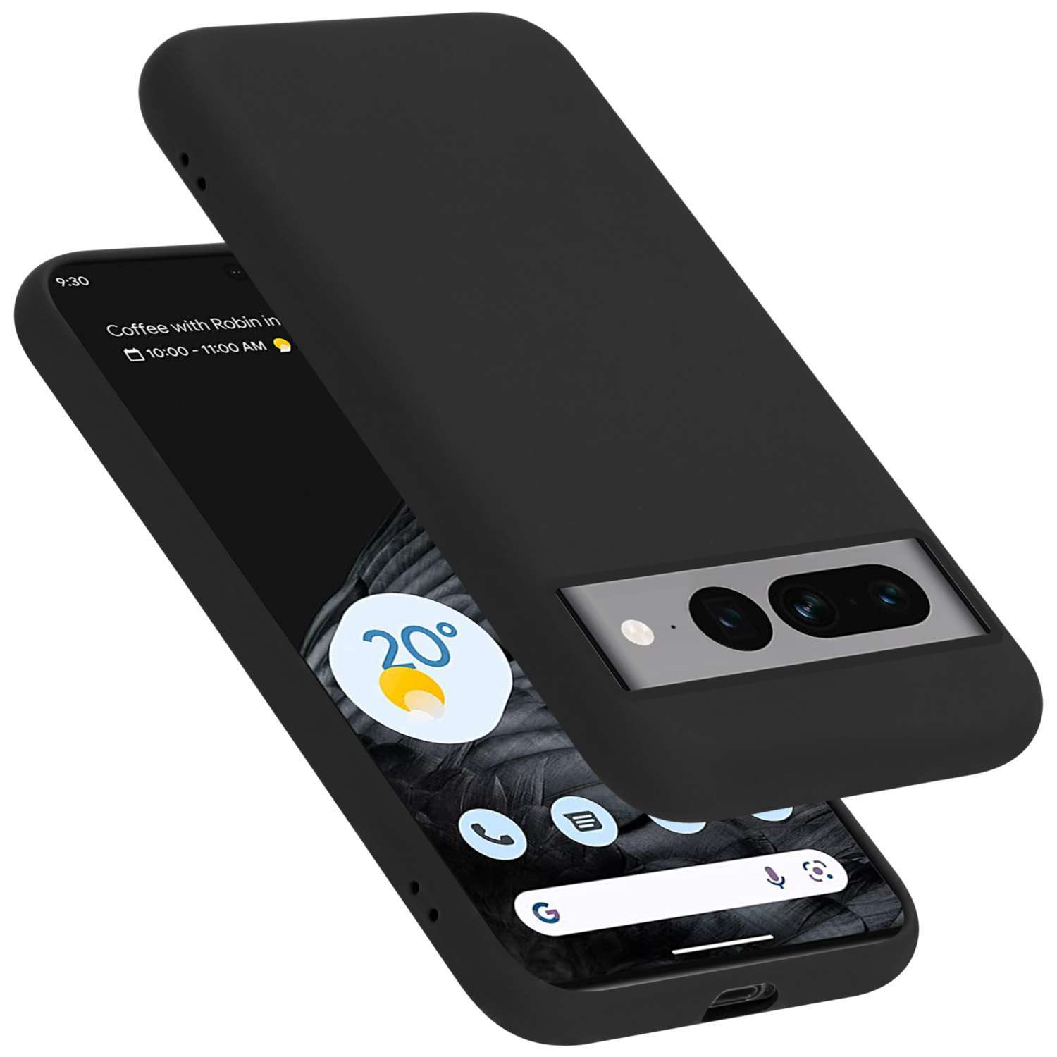 Custodia nera per telefono con telefono all'interno e sfondo nero. Il telefono mostra icone delle app.