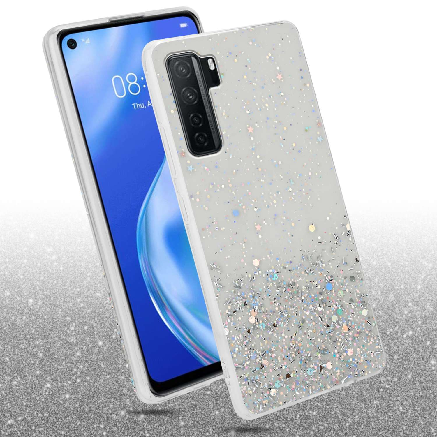 Handyhülle mit Glitzer und Sternen. Telefon im Hintergrund. Silberne Glitzeroberfläche.