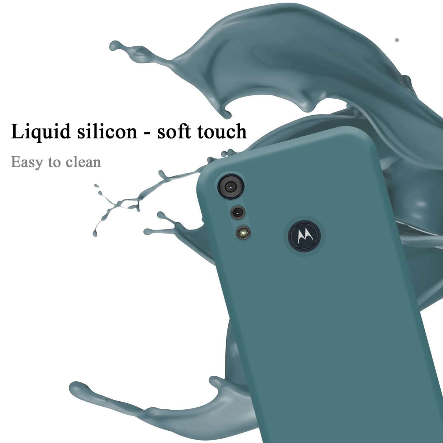 Custodia per telefono con un telefono dentro. L'effetto splash liquido. Il testo dice 'Liquid silicon - soft touch'.