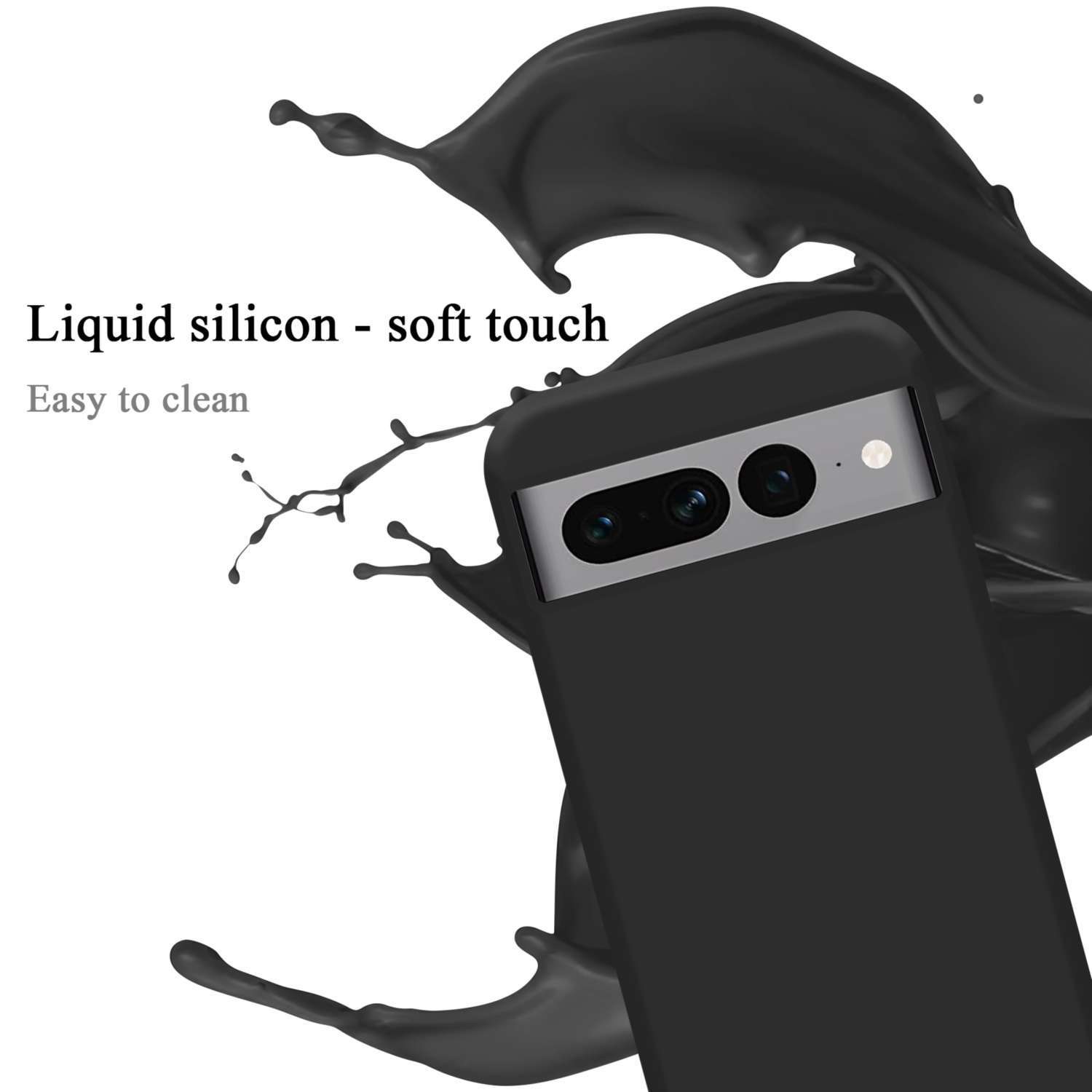 Custodia per telefono nera con silicone liquido, finitura soft touch. Schizzi di liquido nero.