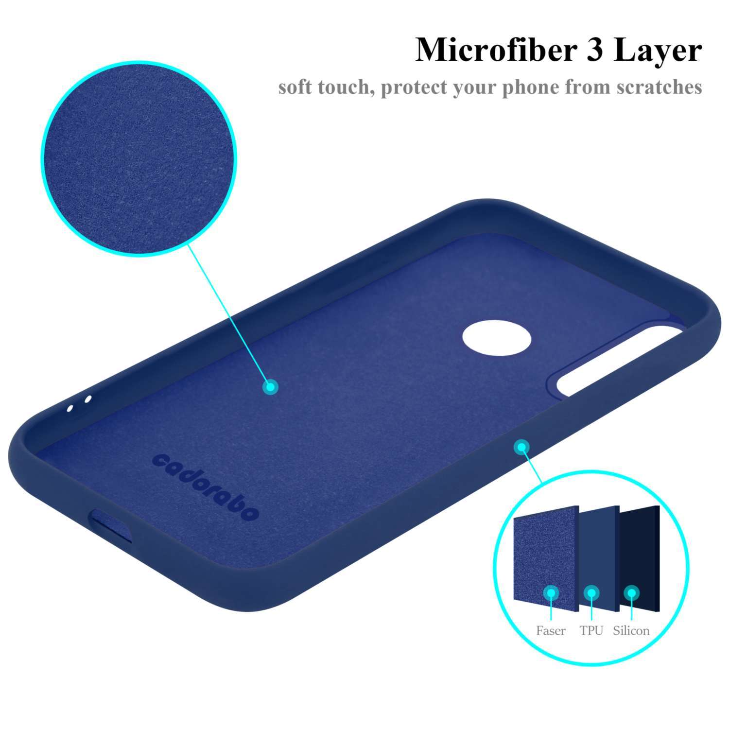 Coque de téléphone bleu foncé avec détails des couches de tissu. Texte: Microfibre 3 couches. Protège des rayures.