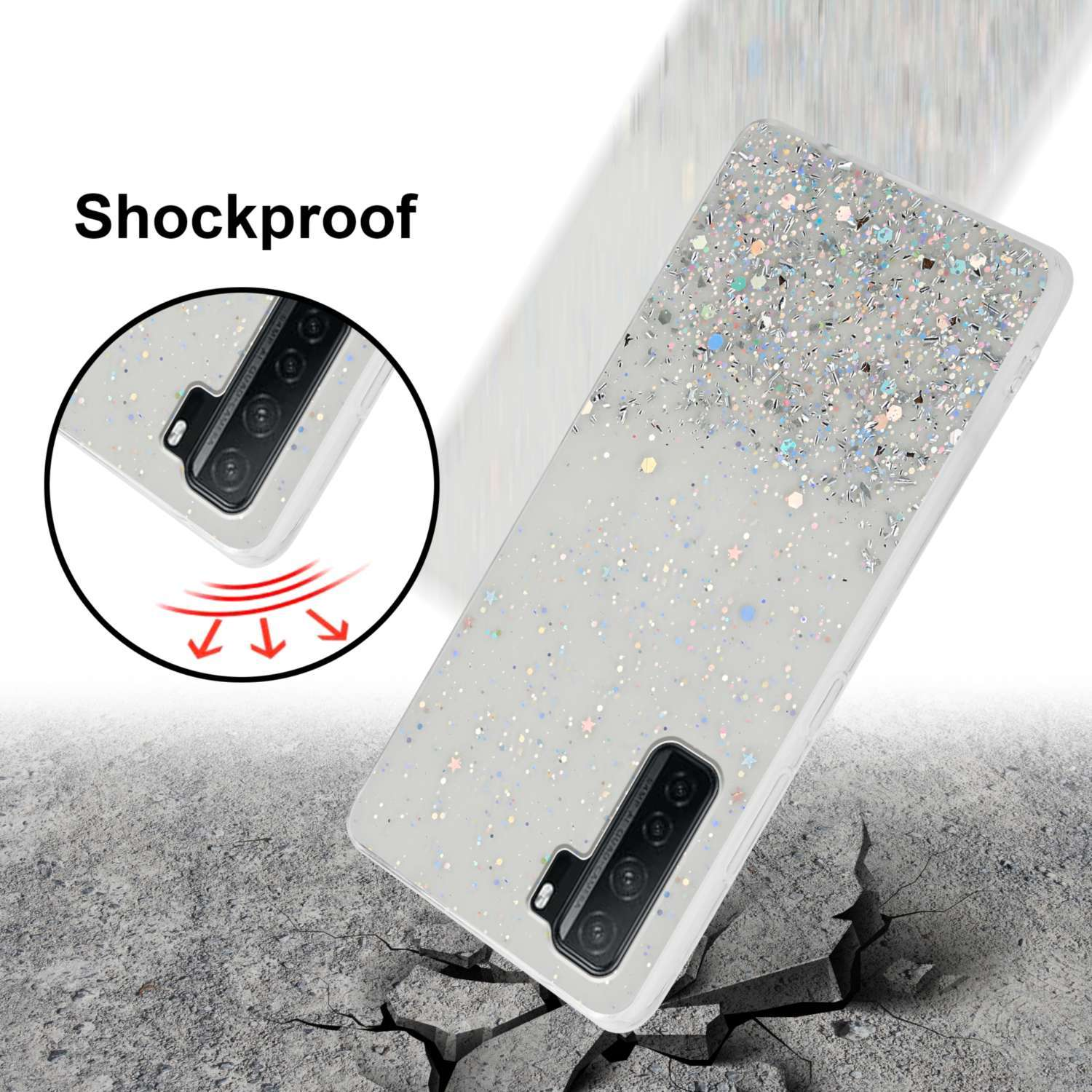 Eine Handyhülle mit Glitzer auf einer zerbrochenen Oberfläche, mit dem Wort 'Stoßfest' darüber.