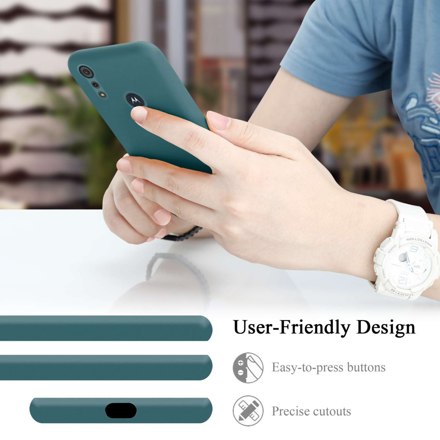 Persona che tiene una custodia per telefono verde acqua. Include pulsanti facili e ritagli precisi.