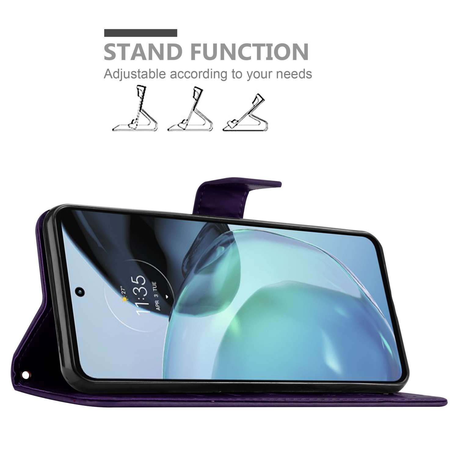 Custodia a portafoglio viola con un telefono in mostra, con funzione stand.