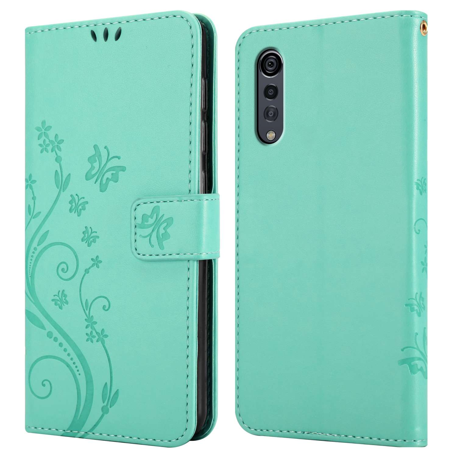 Custodia per telefono verde menta con design floreale, aperta per rivelare il telefono.