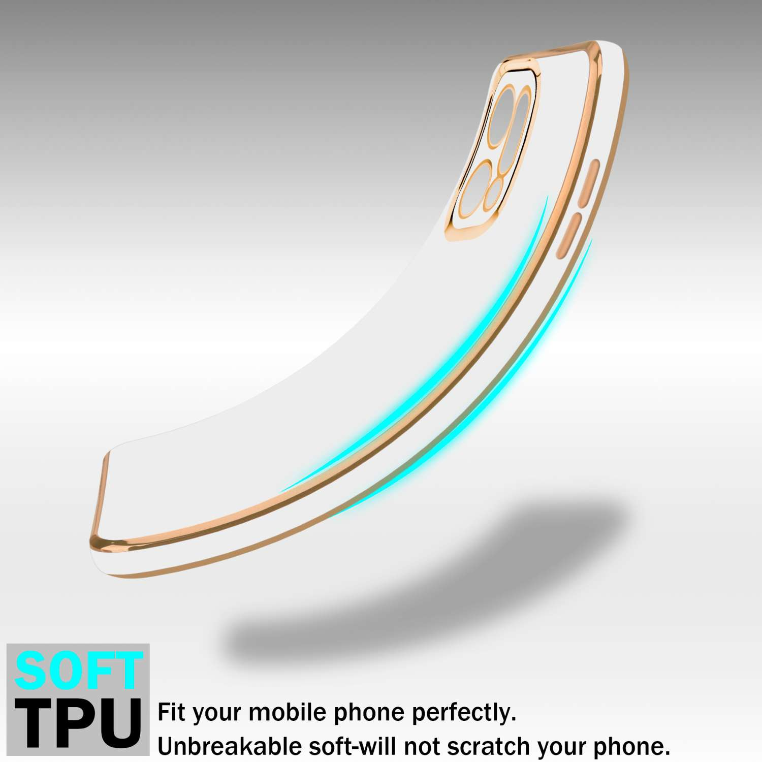 Custodia bianca per telefono con finiture dorate. Una luce blu è sul lato.