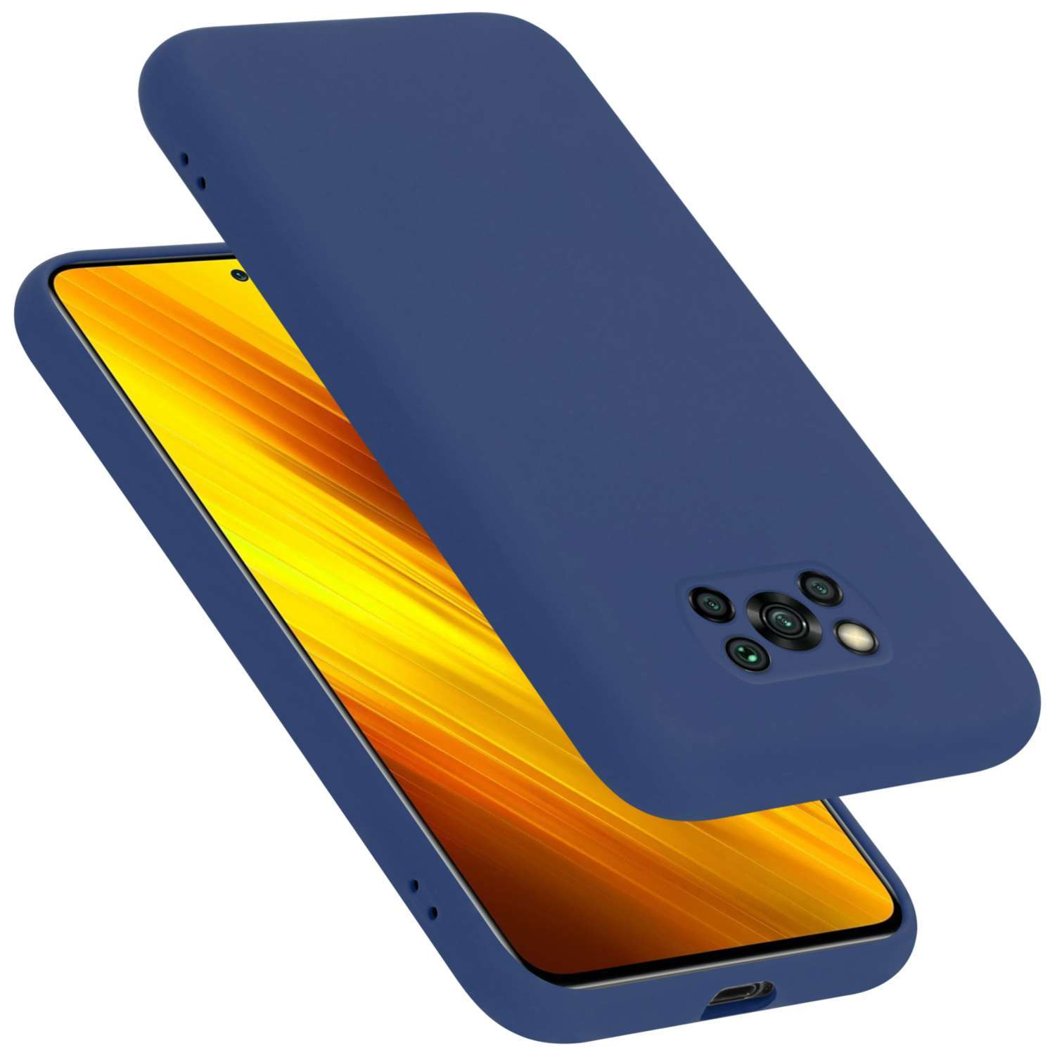 Eine marineblaue Handyhülle mit Telefon. Die Hülle ist geöffnet, das Telefon ist sichtbar.