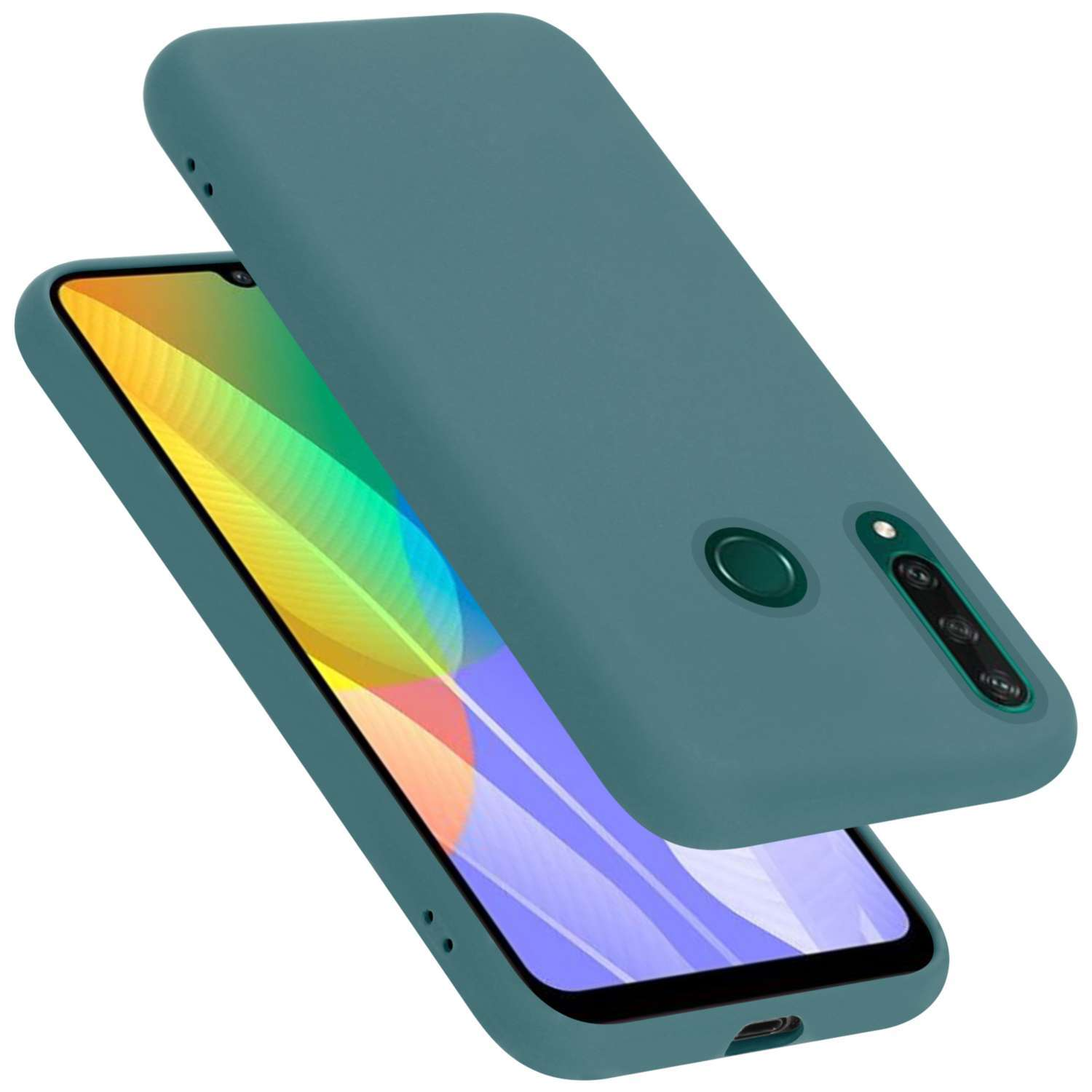 Un étui de téléphone sarcelle avec un téléphone à l'intérieur, montrant l'appareil photo et le design du téléphone.