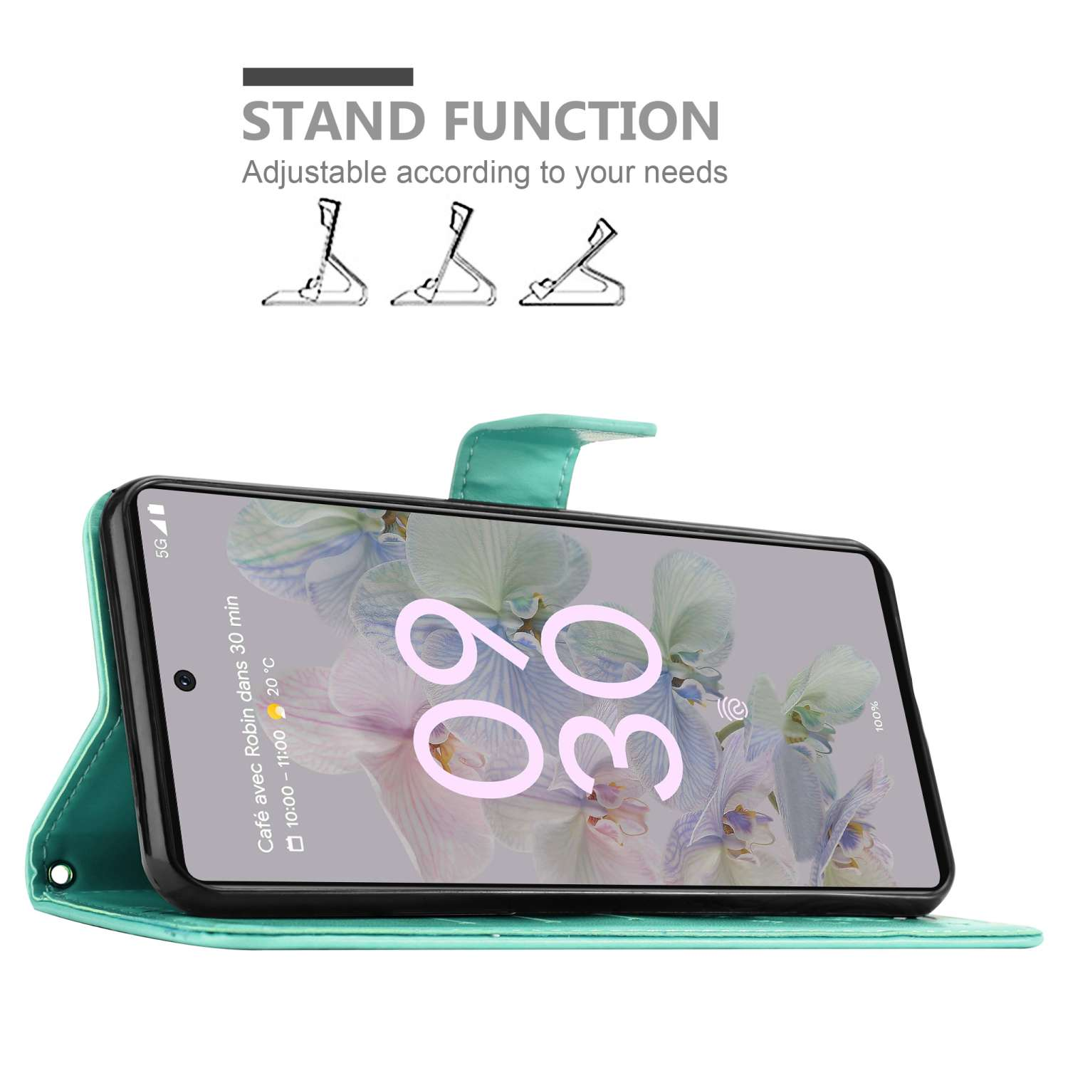 Custodia per telefono color teal in mostra, che mostra un telefono con orologio digitale e testo.