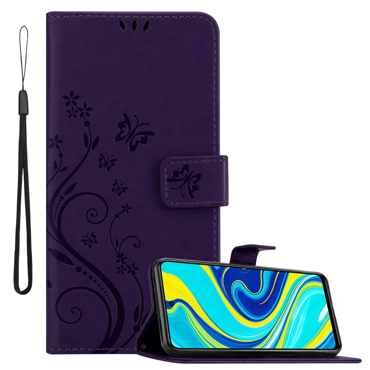 Violette Handyhülle mit Telefon, abgewinkelt. Hülle mit Schmetterlingsdesign.