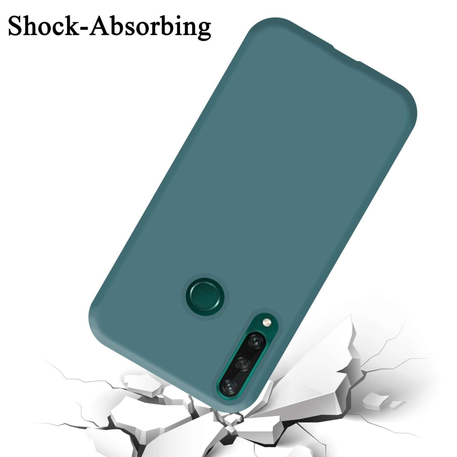 Coque de téléphone verte qui tombe, fissurant le sol. Texte 'Absorbe les chocs' en haut de l'image.