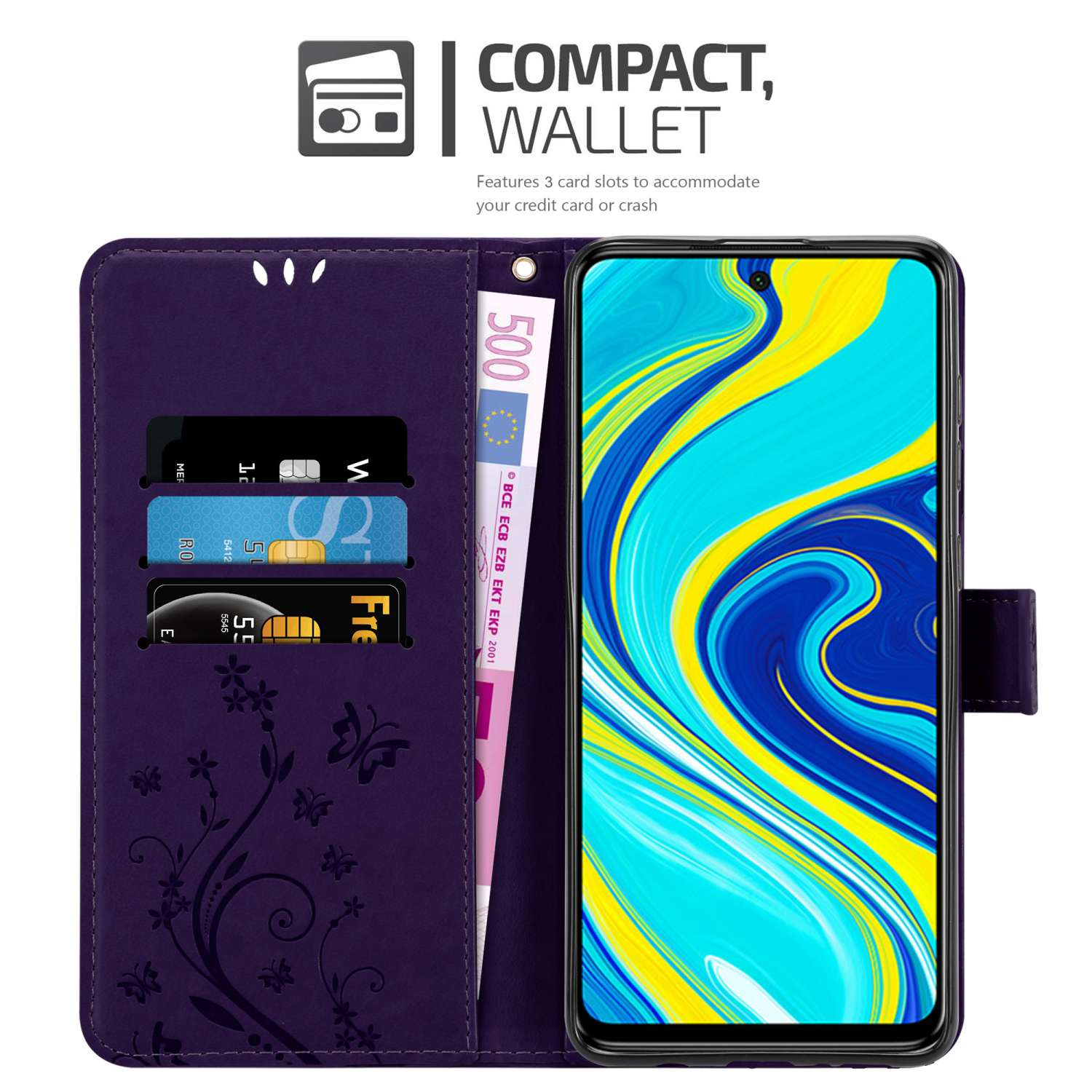 Geöffnete lila Handyhülle mit Karten, Bargeld und gelbem Telefondesign.