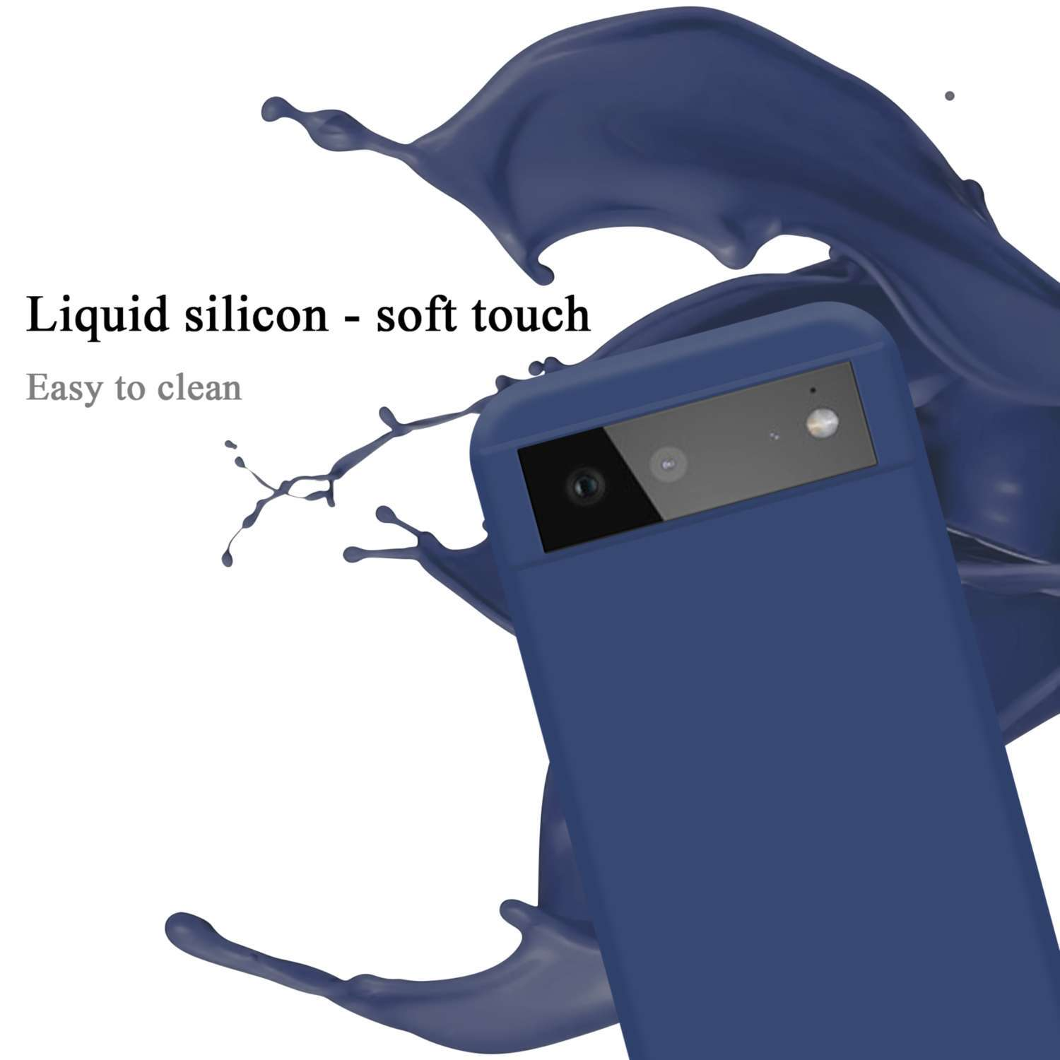 Custodia blu in silicone liquido, facile da pulire. Spruzzi di vernice blu.