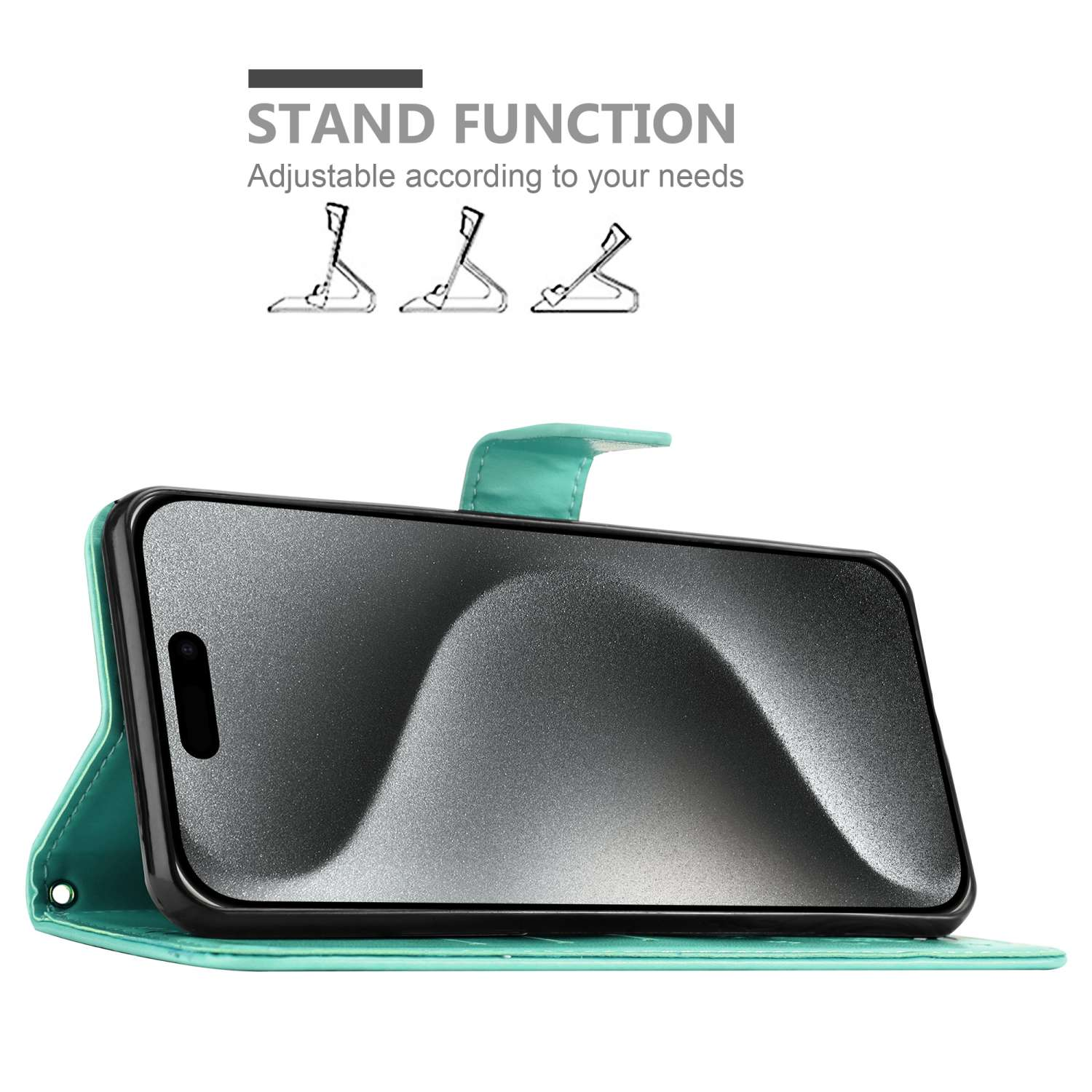Ein Telefon in einer türkisfarbenen Hülle ist geöffnet. Der Text lautet: Standfunktion, an Ihre Bedürfnisse anpassbar. Es gibt Ständerbeispiele.