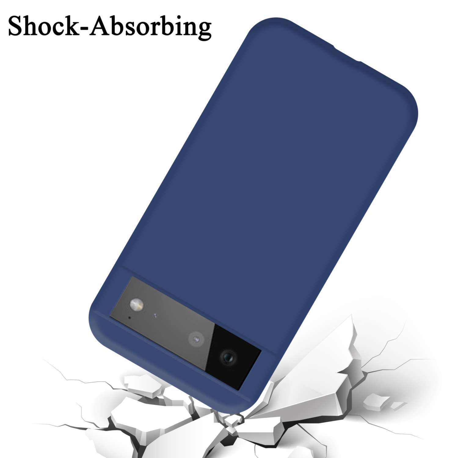 Una custodia per telefono blu navy sta cadendo, con una superficie rotta.