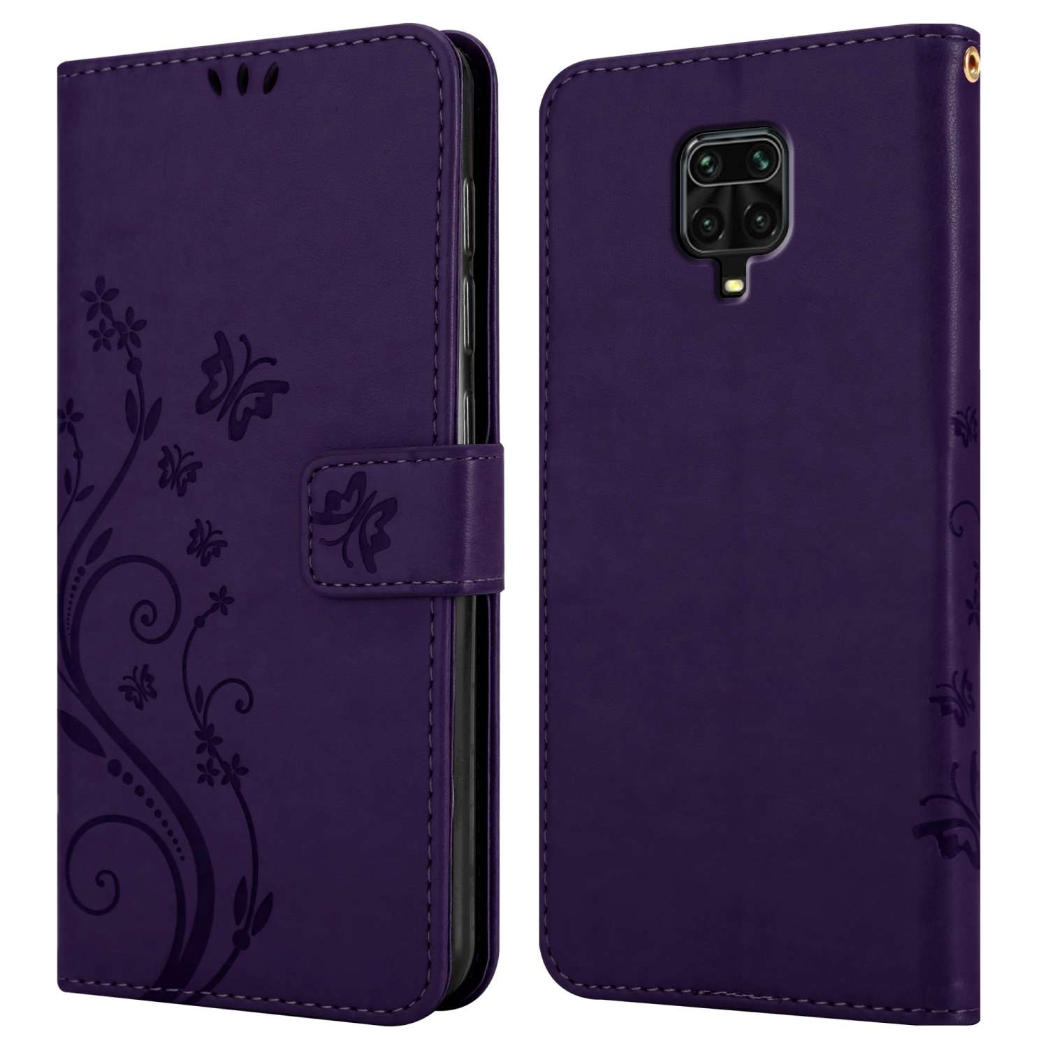 Lila Handyhülle offen. Verziert mit floralen Designs. Das Telefon befindet sich auf der rechten Seite. Magnetverschluss.