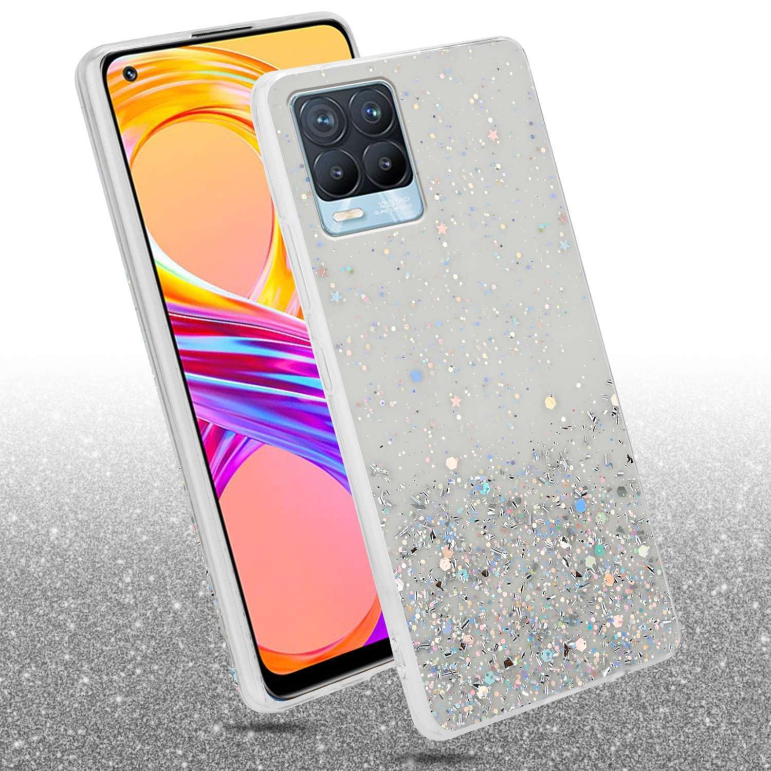 Due telefoni, uno con custodia glitterata, che mostra lo schermo del telefono e un effetto glitterato sullo sfondo.