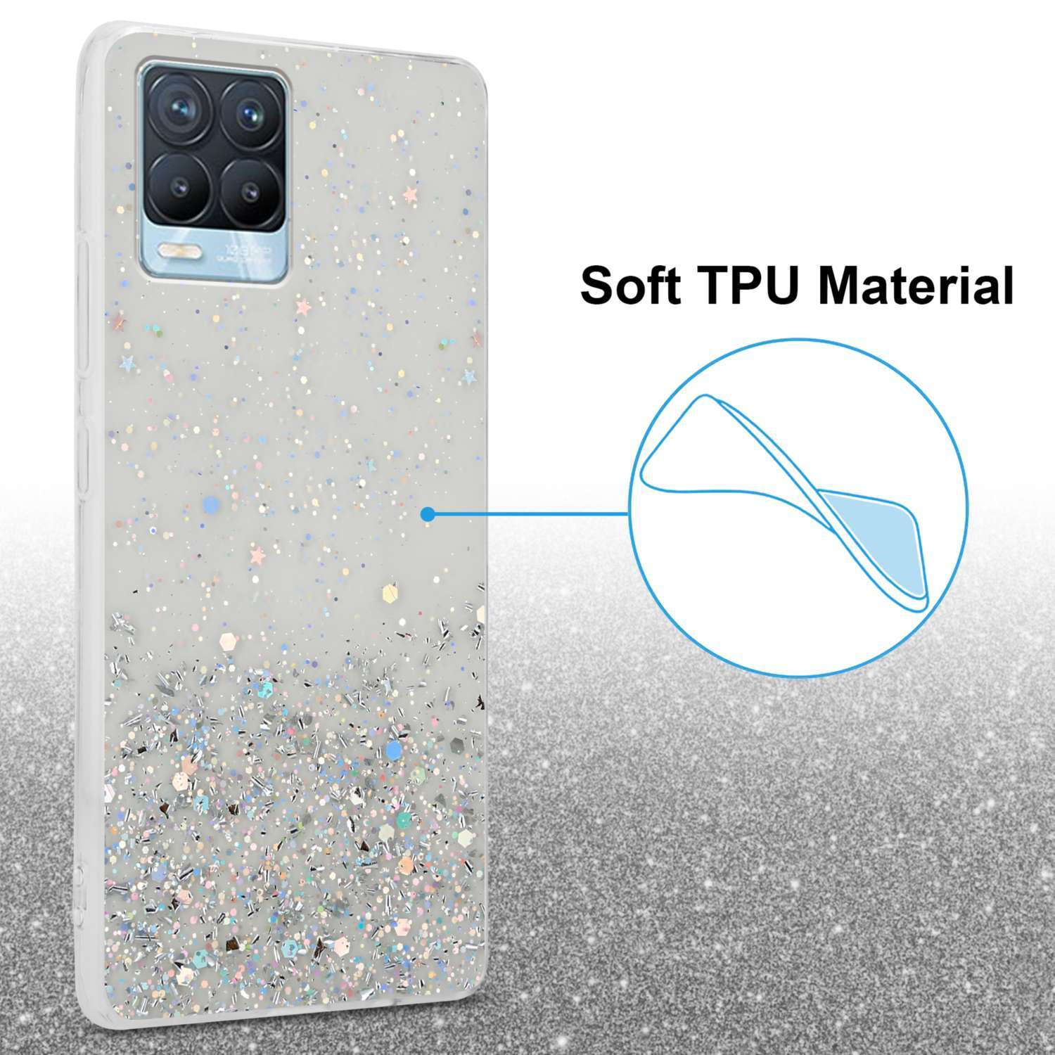 Una custodia per telefono scintillante con glitter e un contorno trasparente. La custodia è bianca.