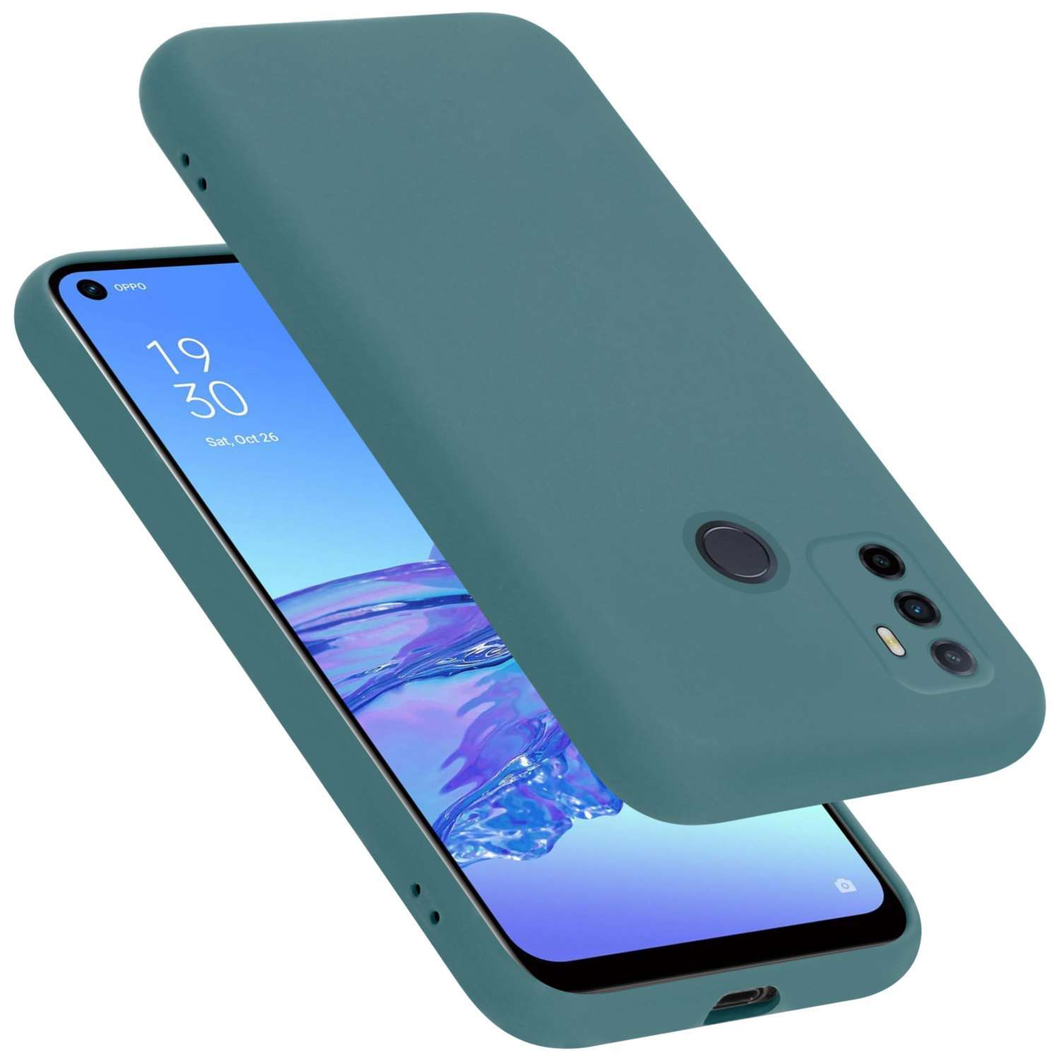 Due telefoni con cover verde acqua su sfondo bianco, uno sovrapposto all'altro, schermo visibile.