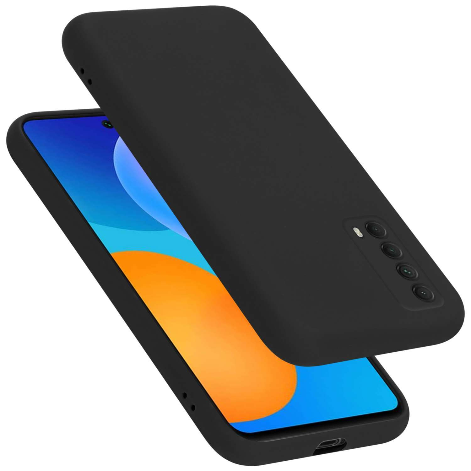 Schwarze Handyhülle auf einem Telefon. Die Hülle bedeckt die Rückseite des Telefons.