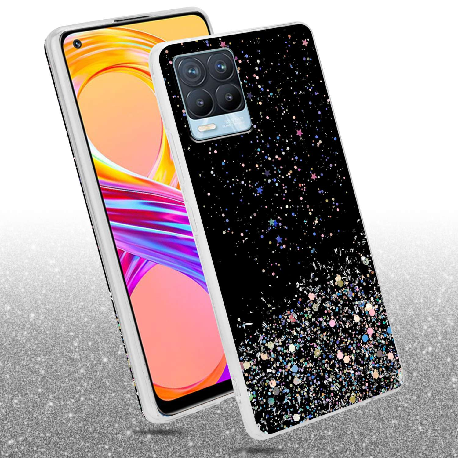 Due custodie per telefono con glitter. Una è davanti all'altra. Il design glitterato è sul retro.