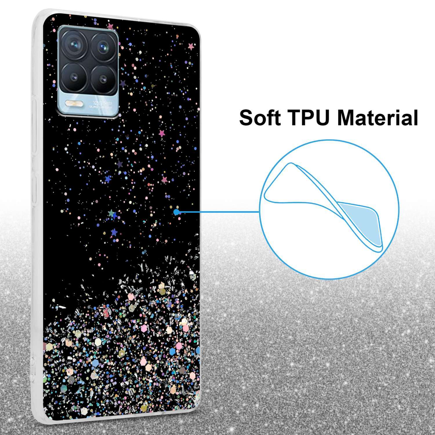 Custodia nera per telefono con glitter e stelle, su uno sfondo glitterato.