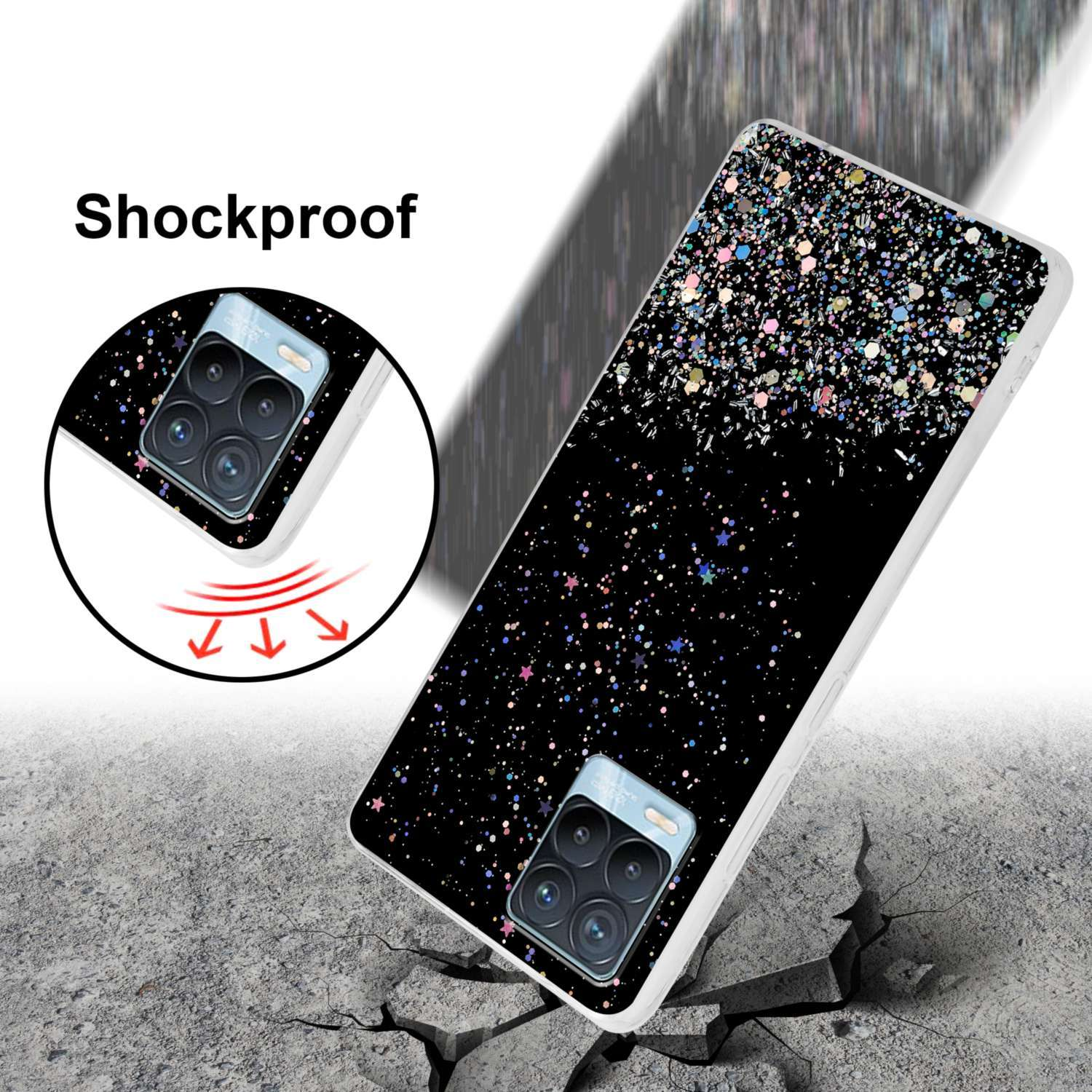 Custodia nera glitterata che cade, etichettata 'Antishock', su terreno crepato.