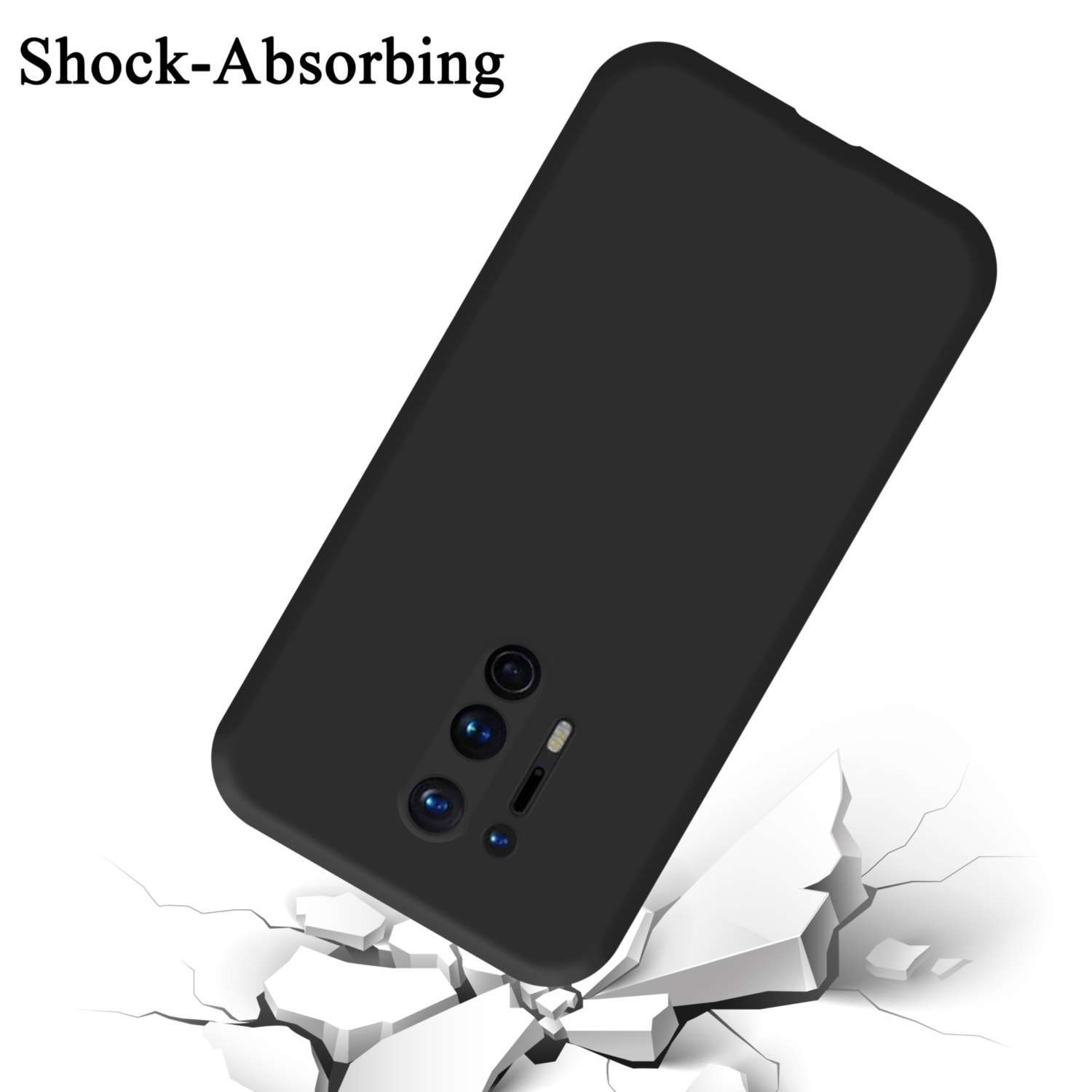 Custodia per telefono nera che cade su un terreno bianco rotto, Shock-Absorbing è scritto.