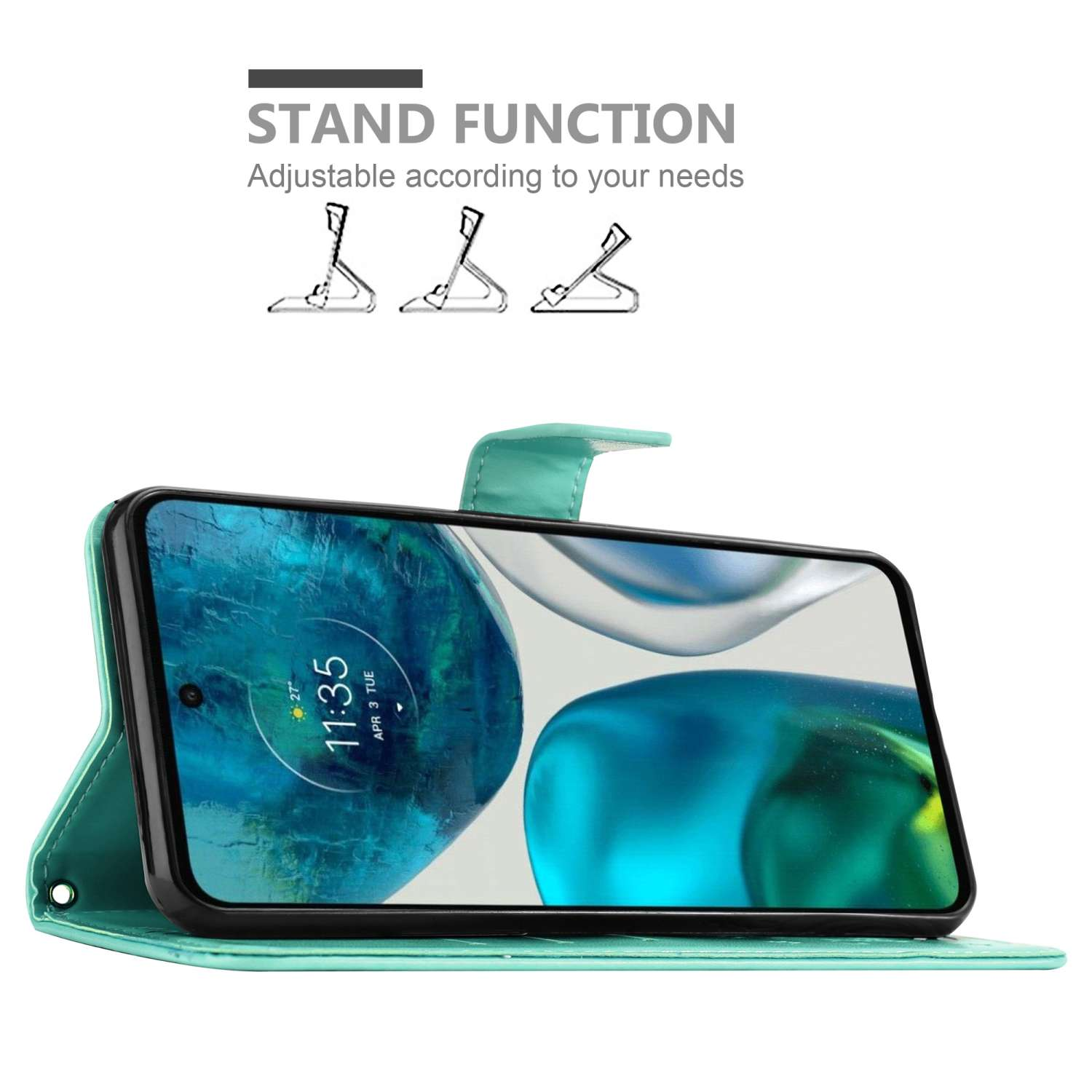 Telefono in una custodia a portafoglio verde acqua, aperto per mostrare lo schermo. Testo 'Funzione supporto'.