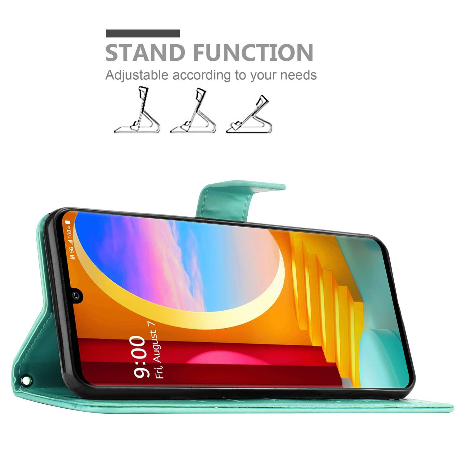 Telefono in custodia turchese, aperto, con schermo che mostra data/ora. Testo: 'Stand Function'. Con cavalletto.