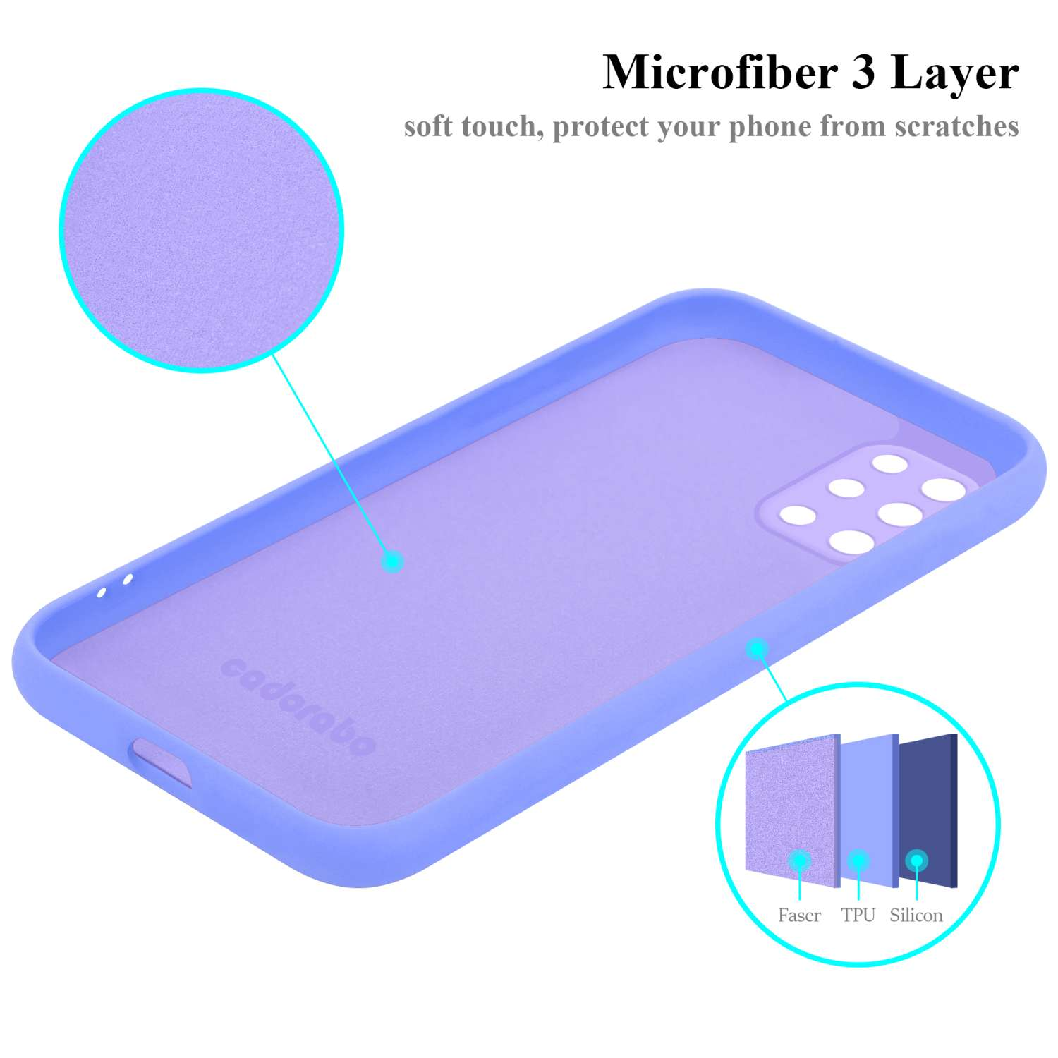 Eine lila Handyhülle mit einem 3-lagigen Mikrofaser-Design. Die Schichten sind Faser, TPU und Silikon.