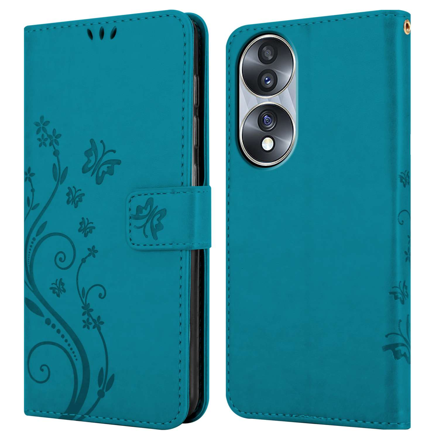 Custodia per telefono verde acqua, chiusa e aperta. Con farfalle e motivi floreali. Ha una chiusura magnetica.