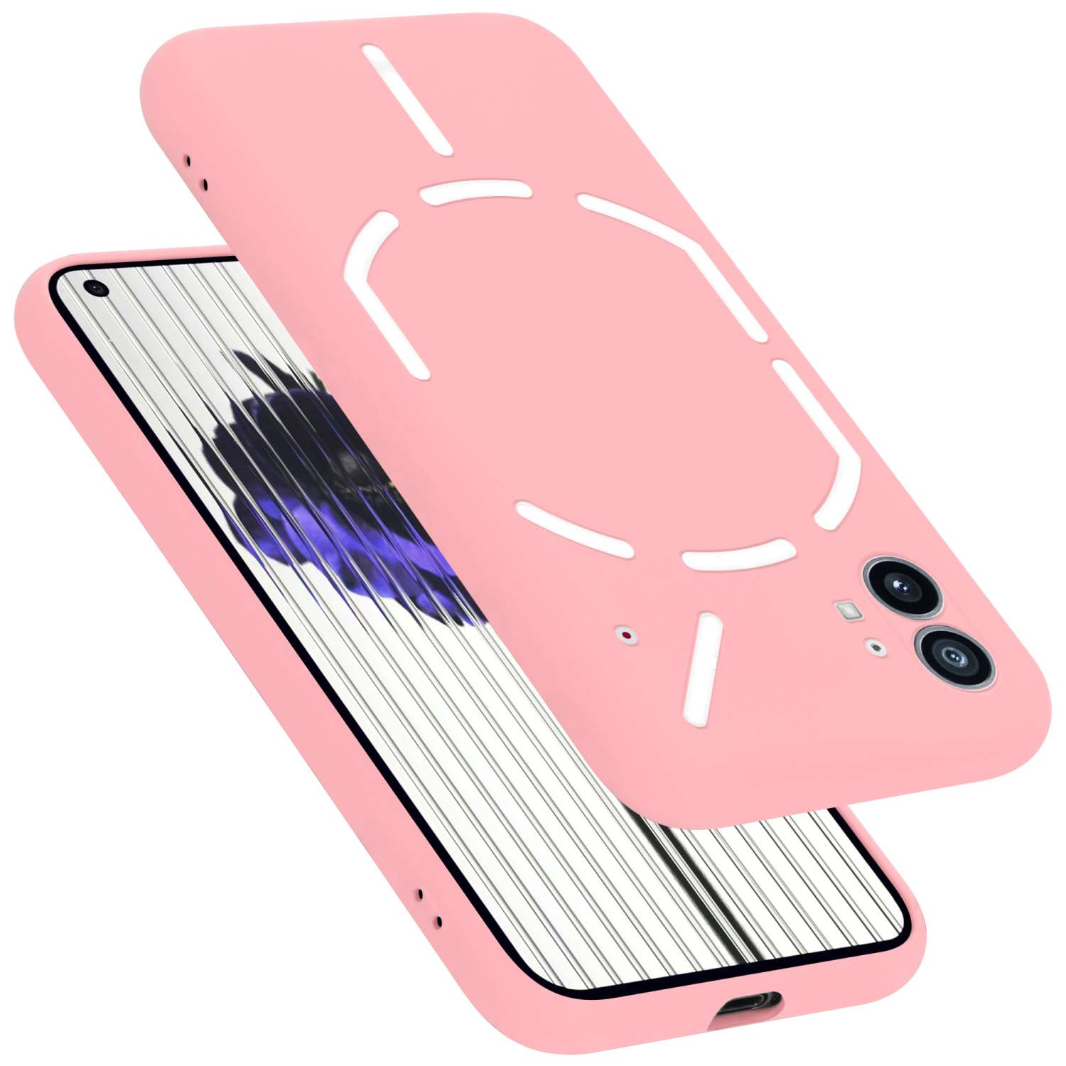 Rosa Handyhülle mit weißem Design und Telefon in der Hülle.