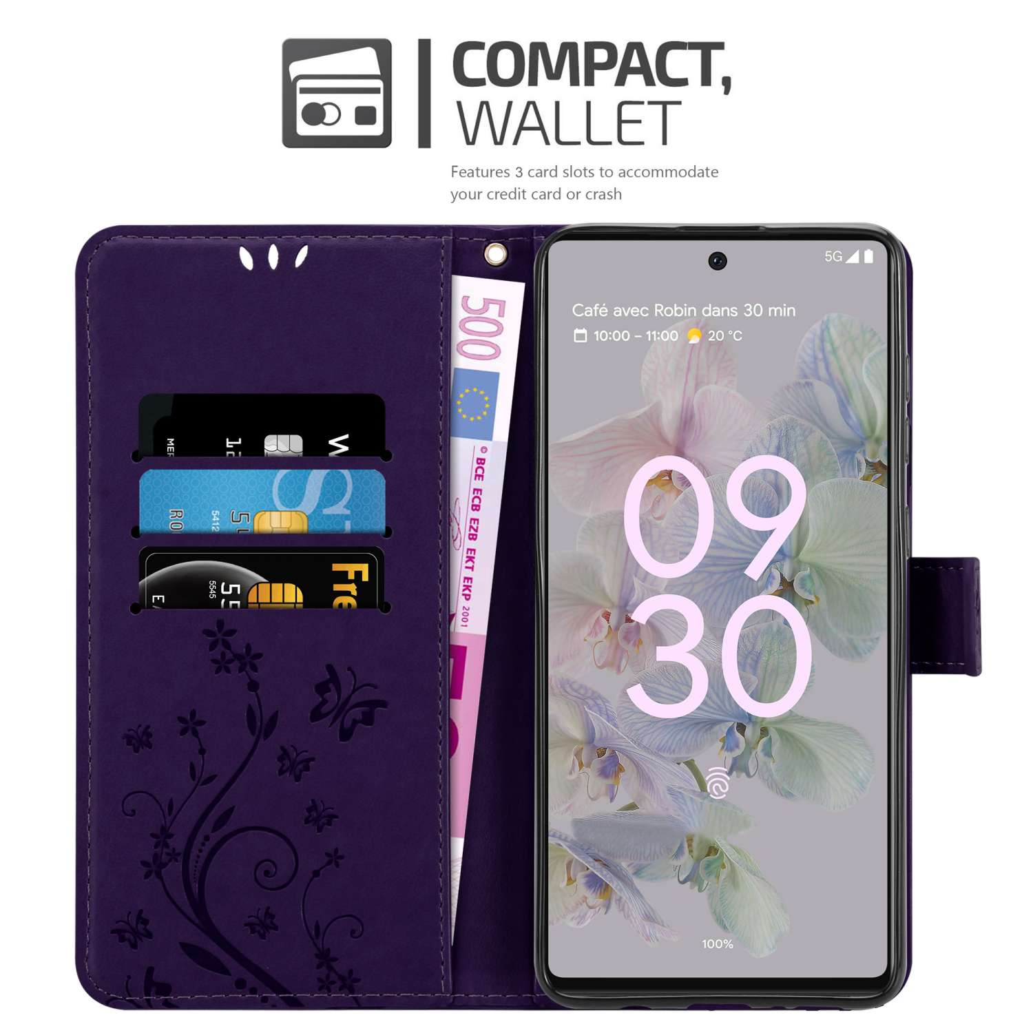 Portafoglio per telefono viola aperto, che mostra carte, soldi e un telefono.
