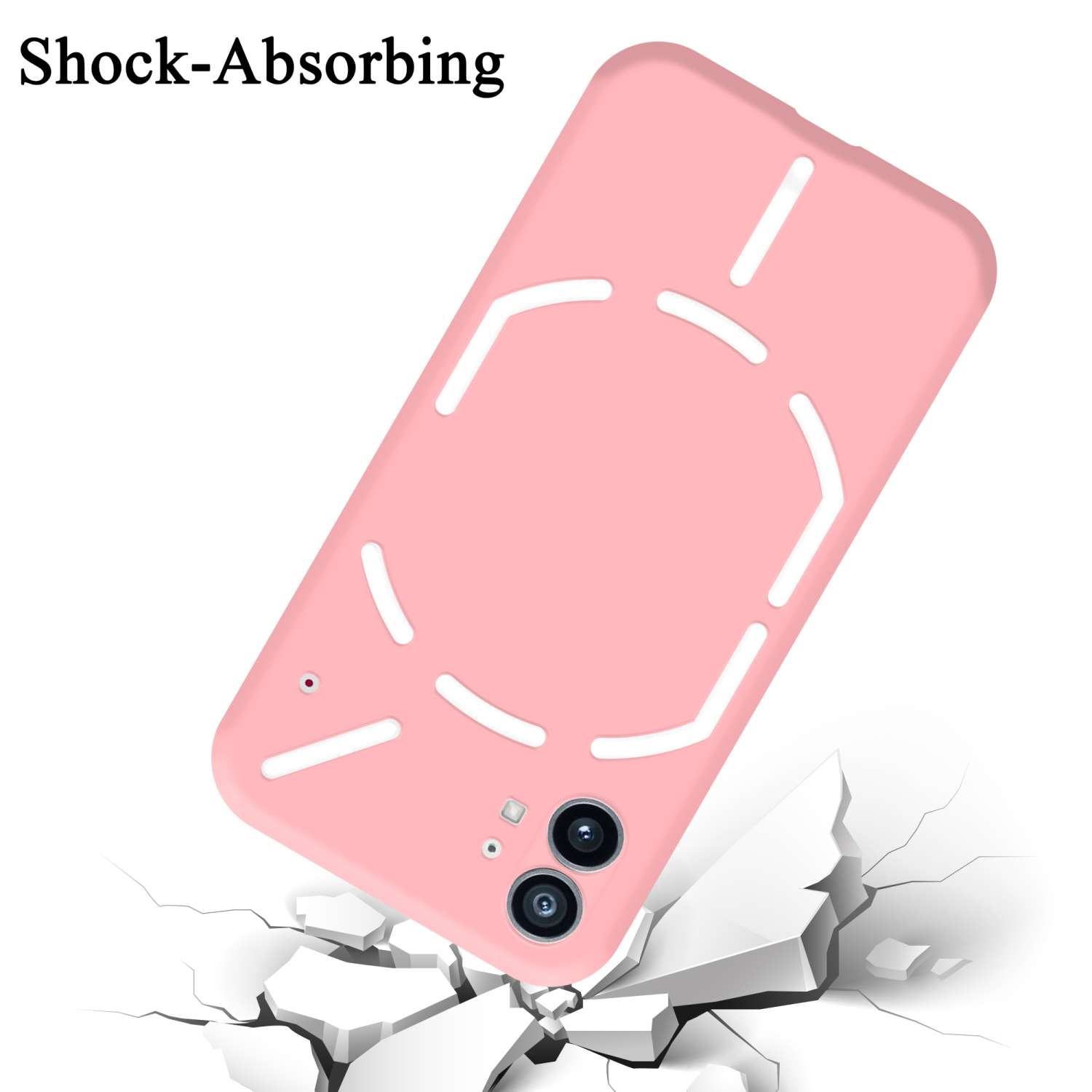 Eine rosa Handyhülle mit einzigartigem Design, die auf eine zerbrochene Oberfläche fällt, mit dem Text