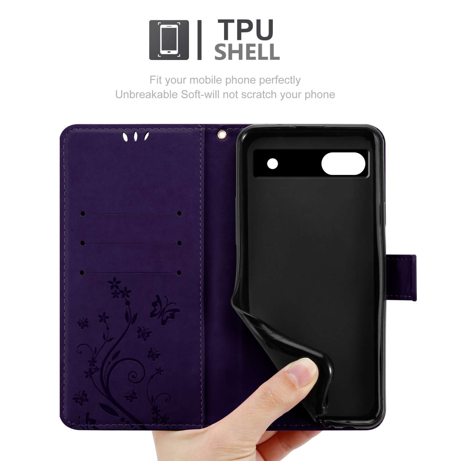 Custodia per telefono viola aperta. Telefono all'interno con custodia nera. Mano che tiene la custodia.