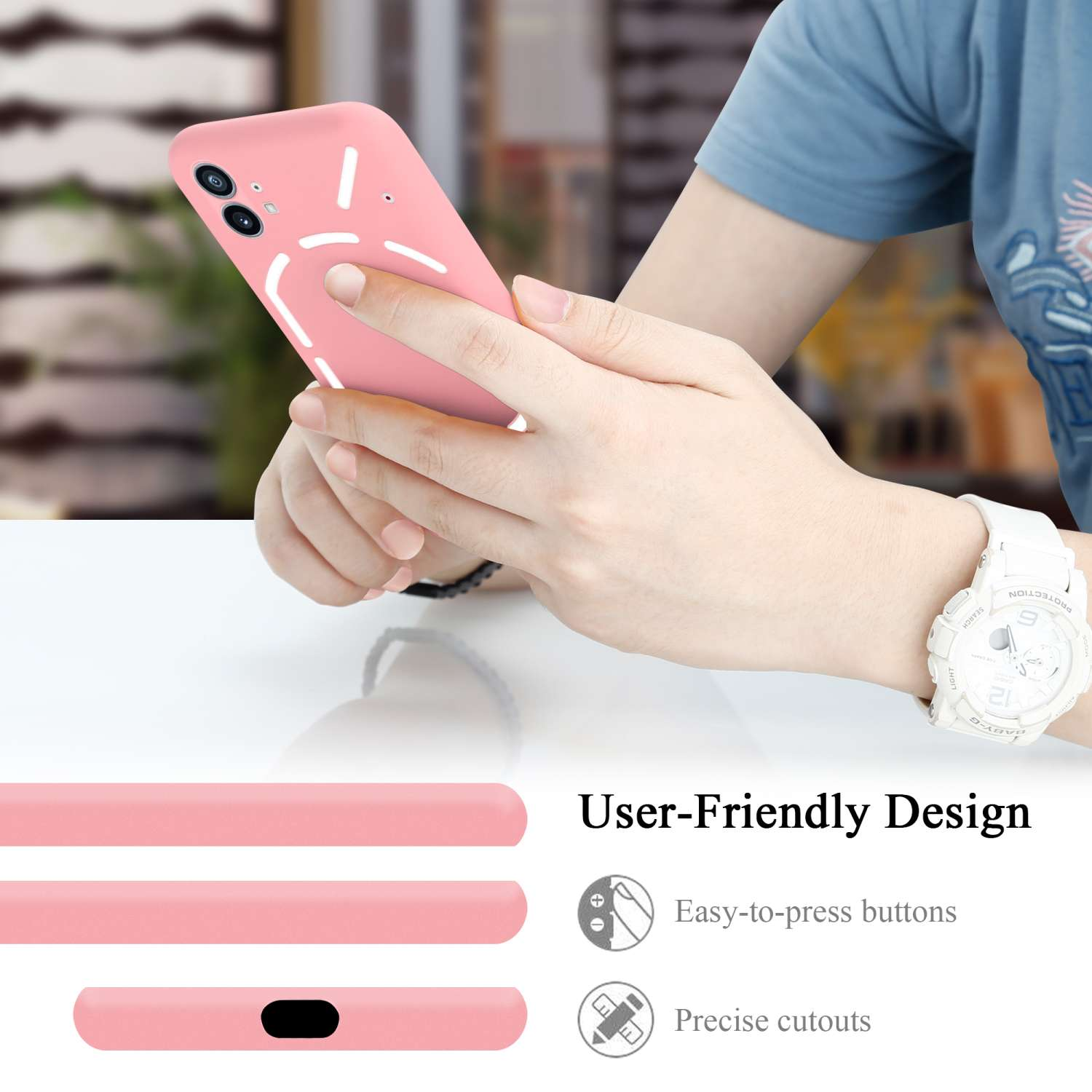 Person hält eine pinke Handyhülle. Unten Aussparungen für Laden und Knöpfe. Text daneben.
