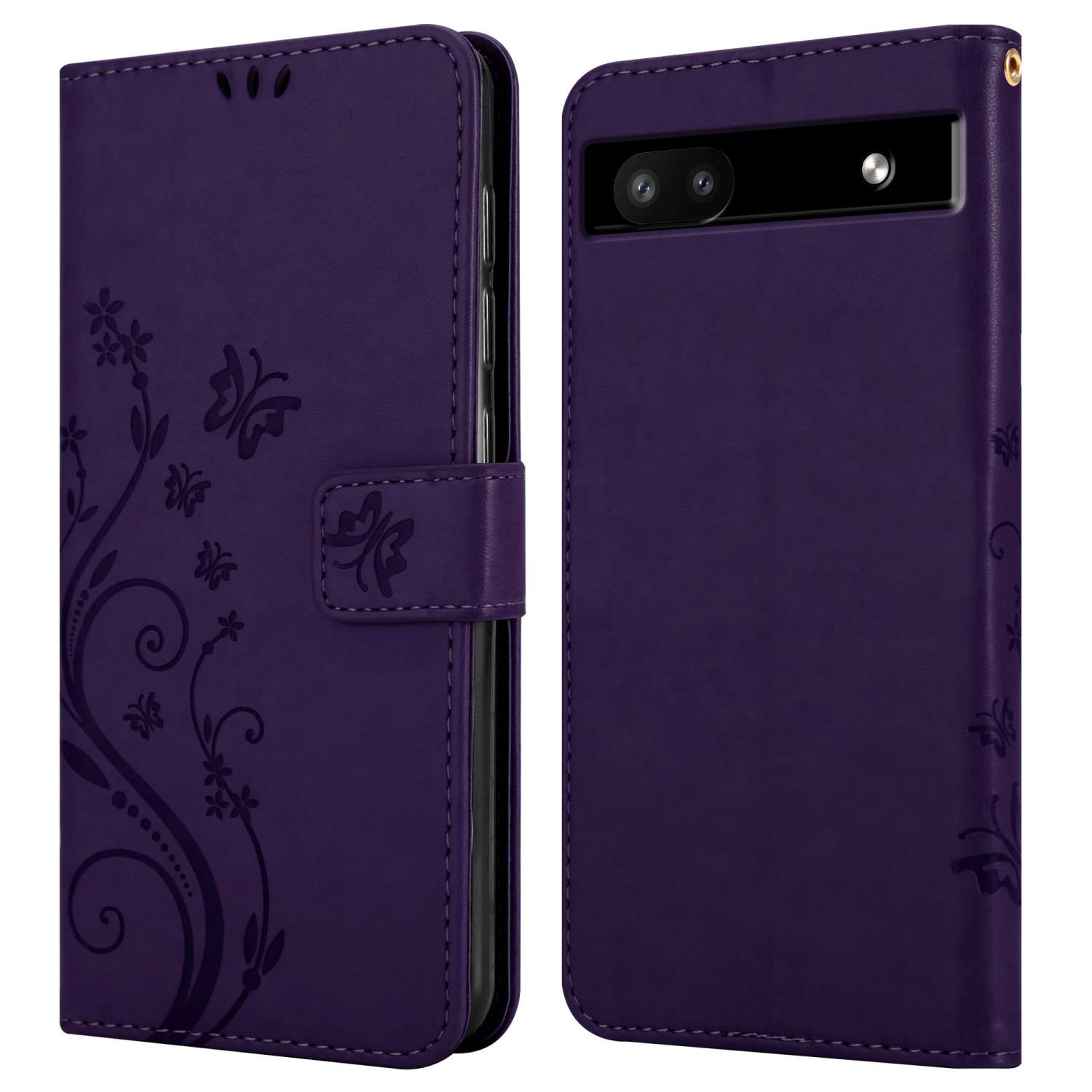 Custodia per telefono viola con design floreale, vista aperta, con un telefono all'interno.