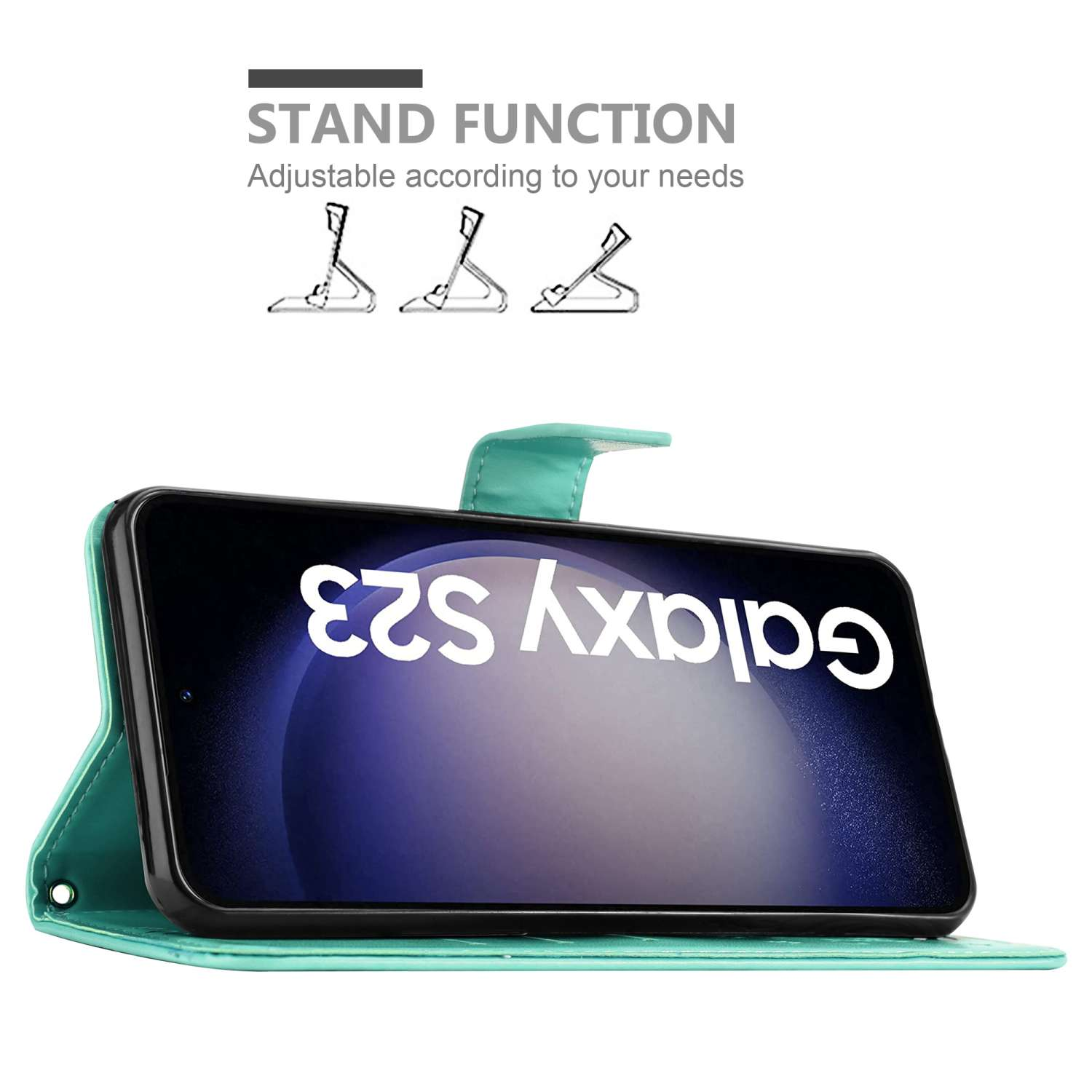 Custodia per telefono turchese con un telefono che mostra Galaxy S23. Ha una funzione di supporto.