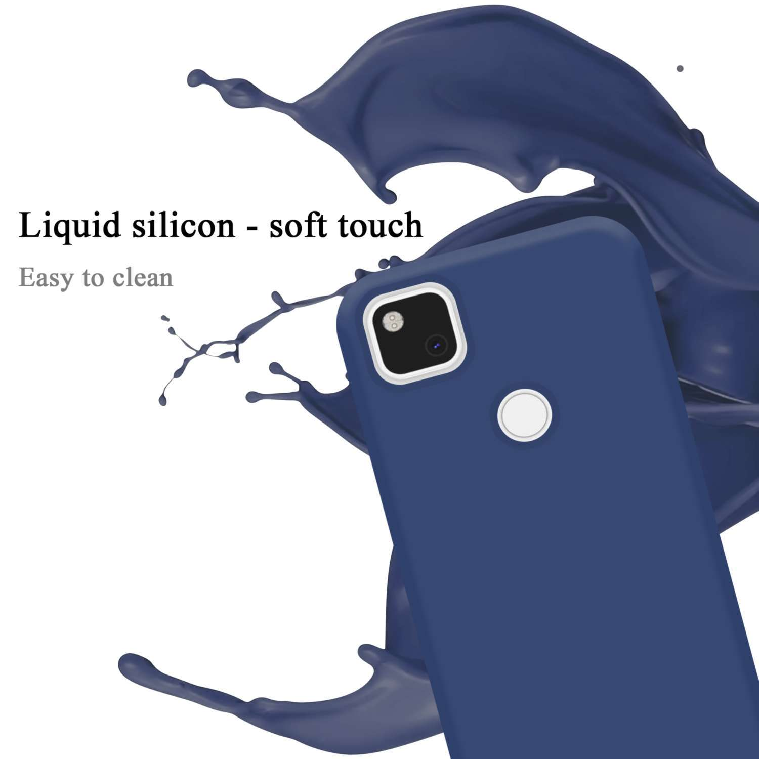 Custodia blu per telefono con spruzzi di liquido. La custodia è angolata. Testo: Silicone liquido - tocco morbido. Facile da pulire.