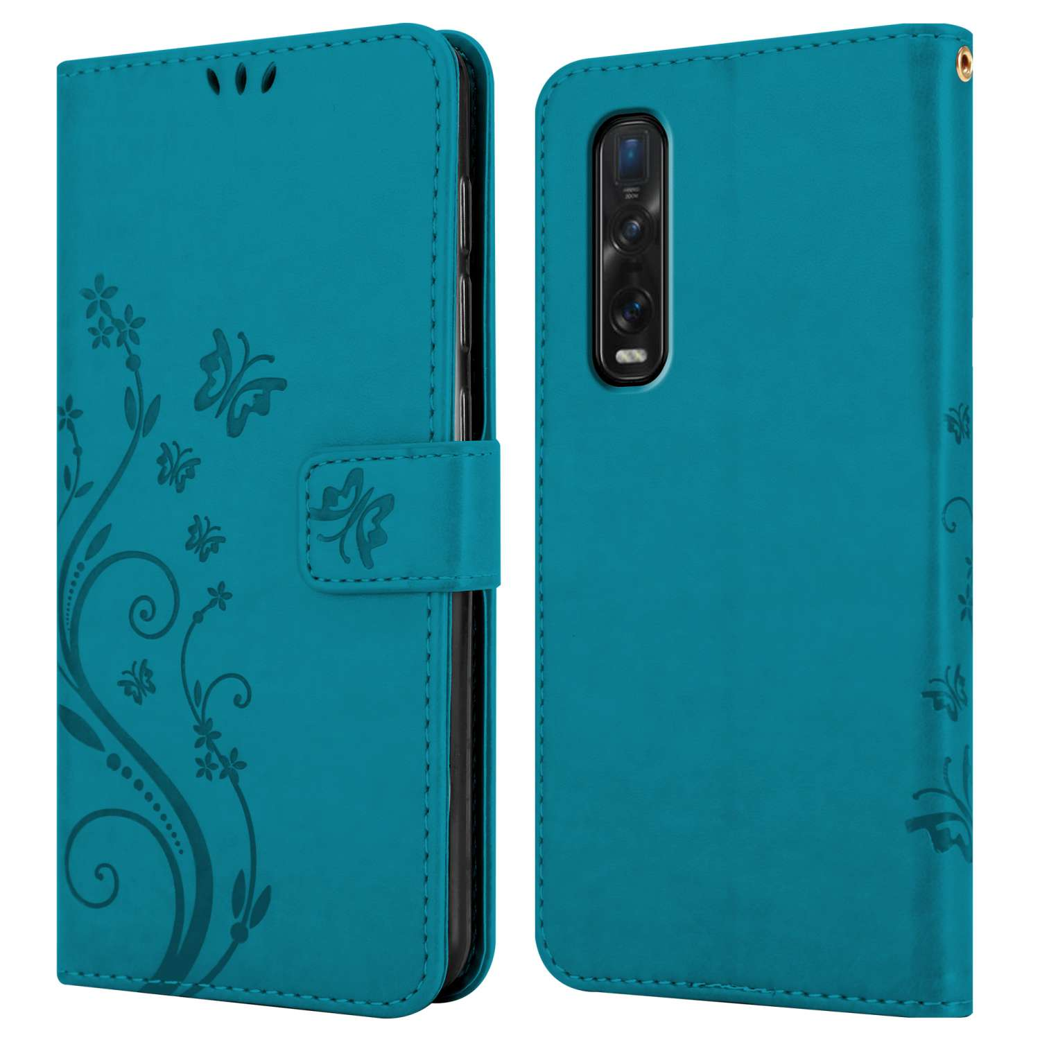 Custodia per telefono turchese, aperta, con design floreale e farfalle, che mostra il telefono.