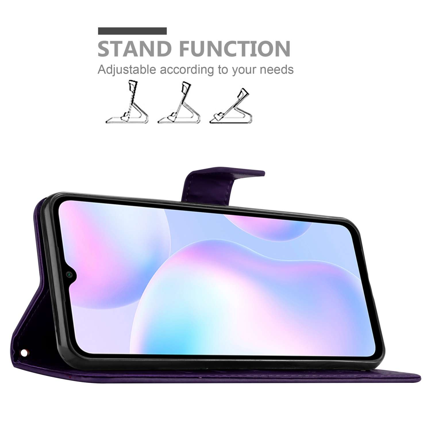 Telefono in custodia viola aperta. Funzione stand con tre supporti diversi.