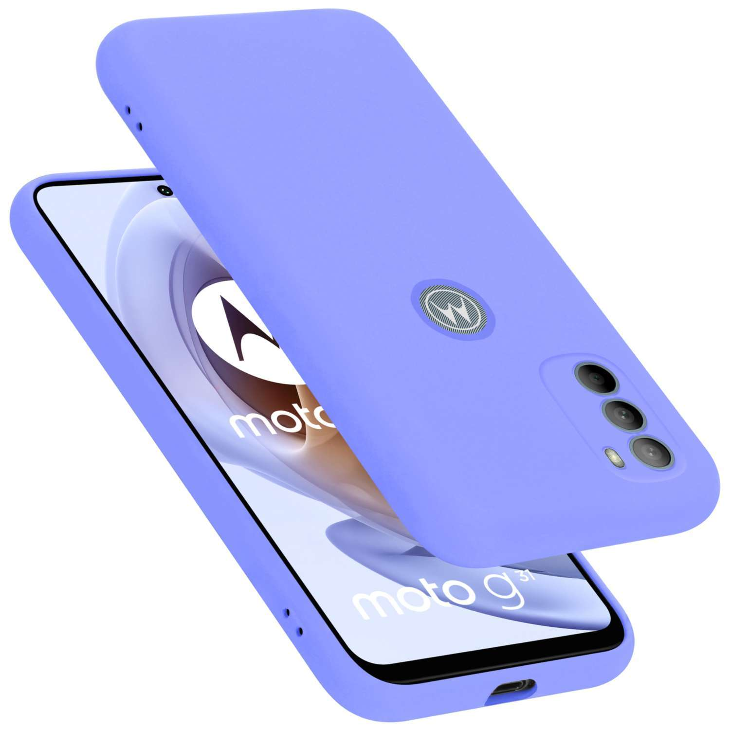 Eine hellviolette Handyhülle bedeckt ein Telefon, das das Wort „moto“ und Logo zeigt.