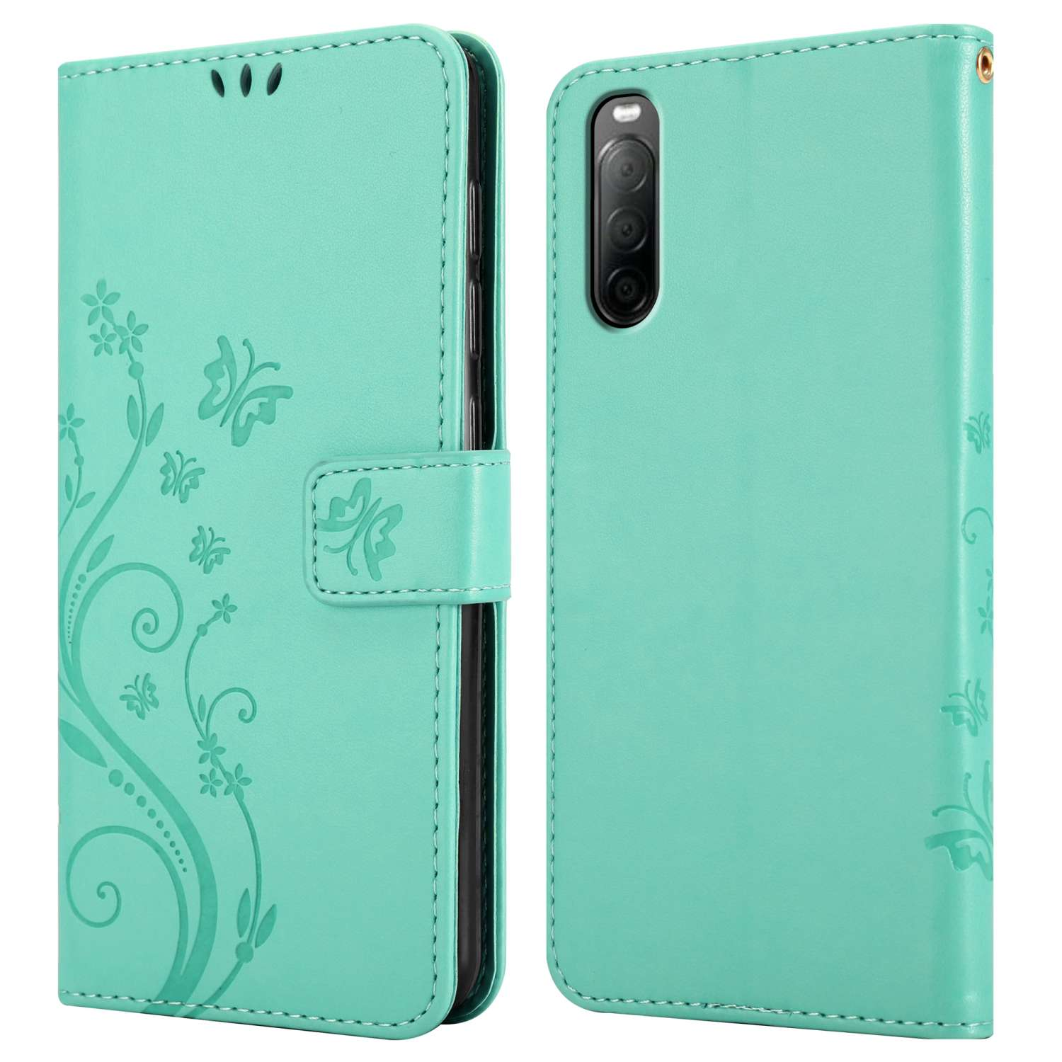 Due custodie per telefono verde acqua, una aperta, con un telefono. Design floreale verde. Protezione dalle cadute.