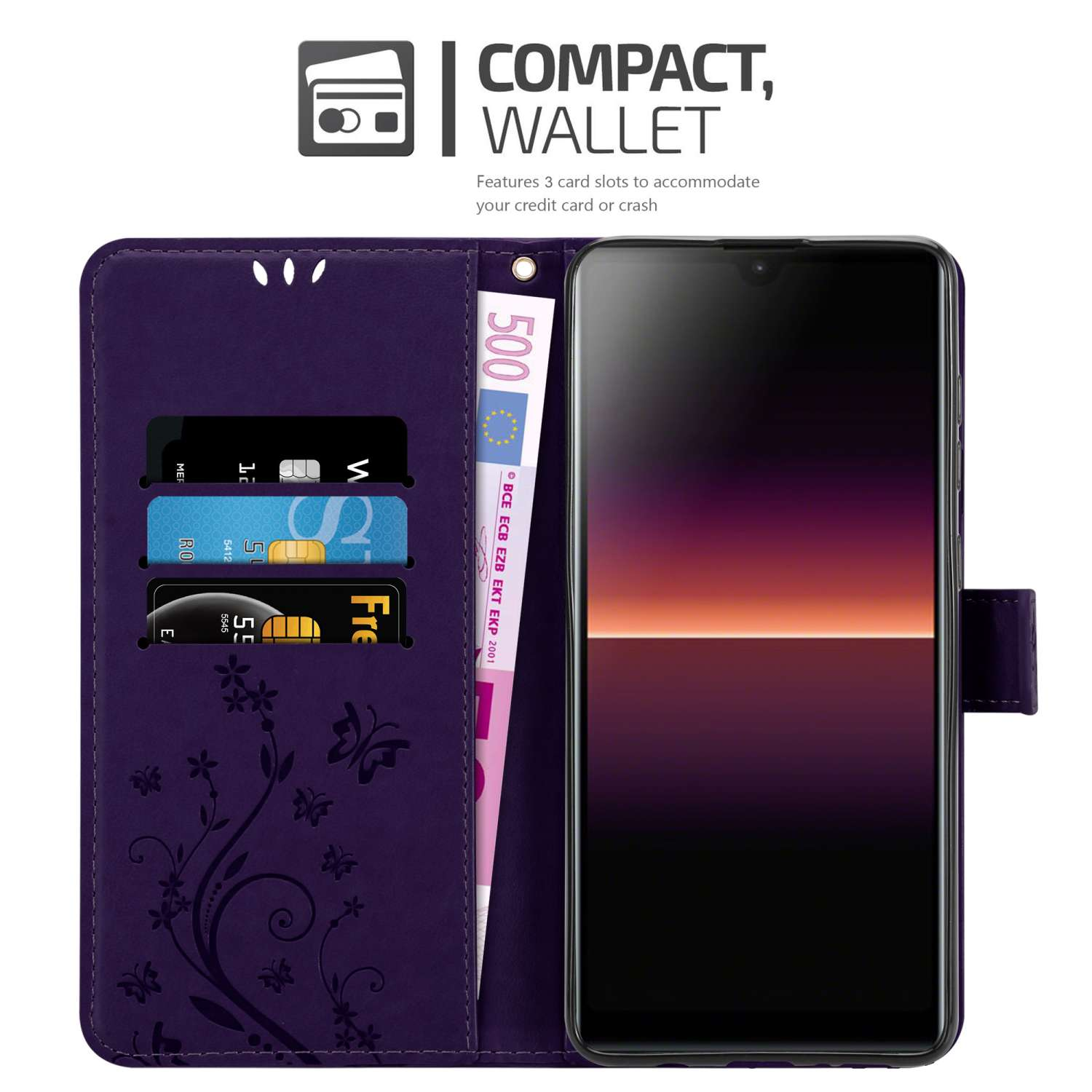 Custodia a portafoglio viola con fessure per carte, banconota e telefono con schermo scuro.
