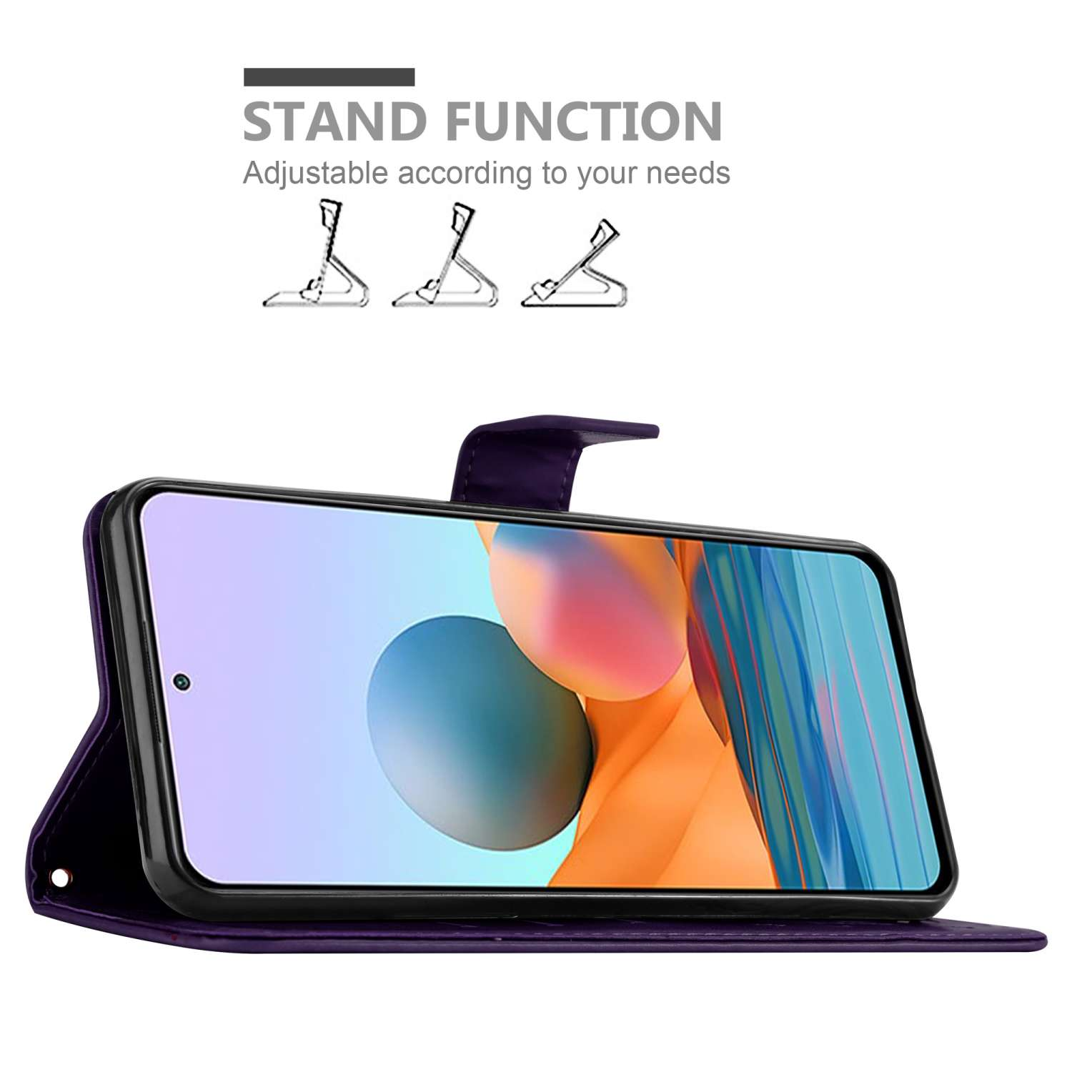 Telefono in custodia viola. Funzione stand mostrata con diagrammi. Sfondo chiaro.