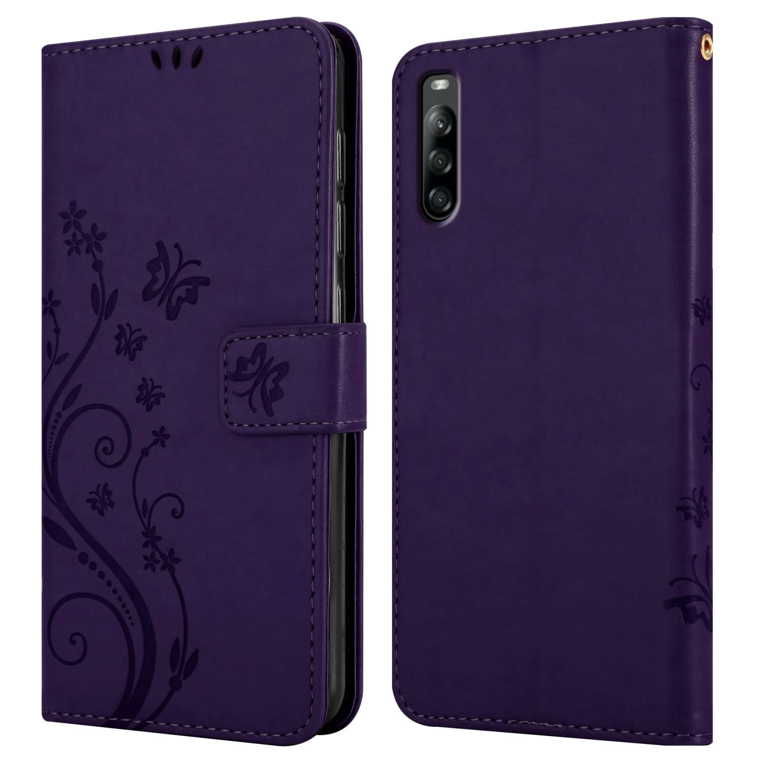Custodia per telefono viola con design di farfalle e fiori.