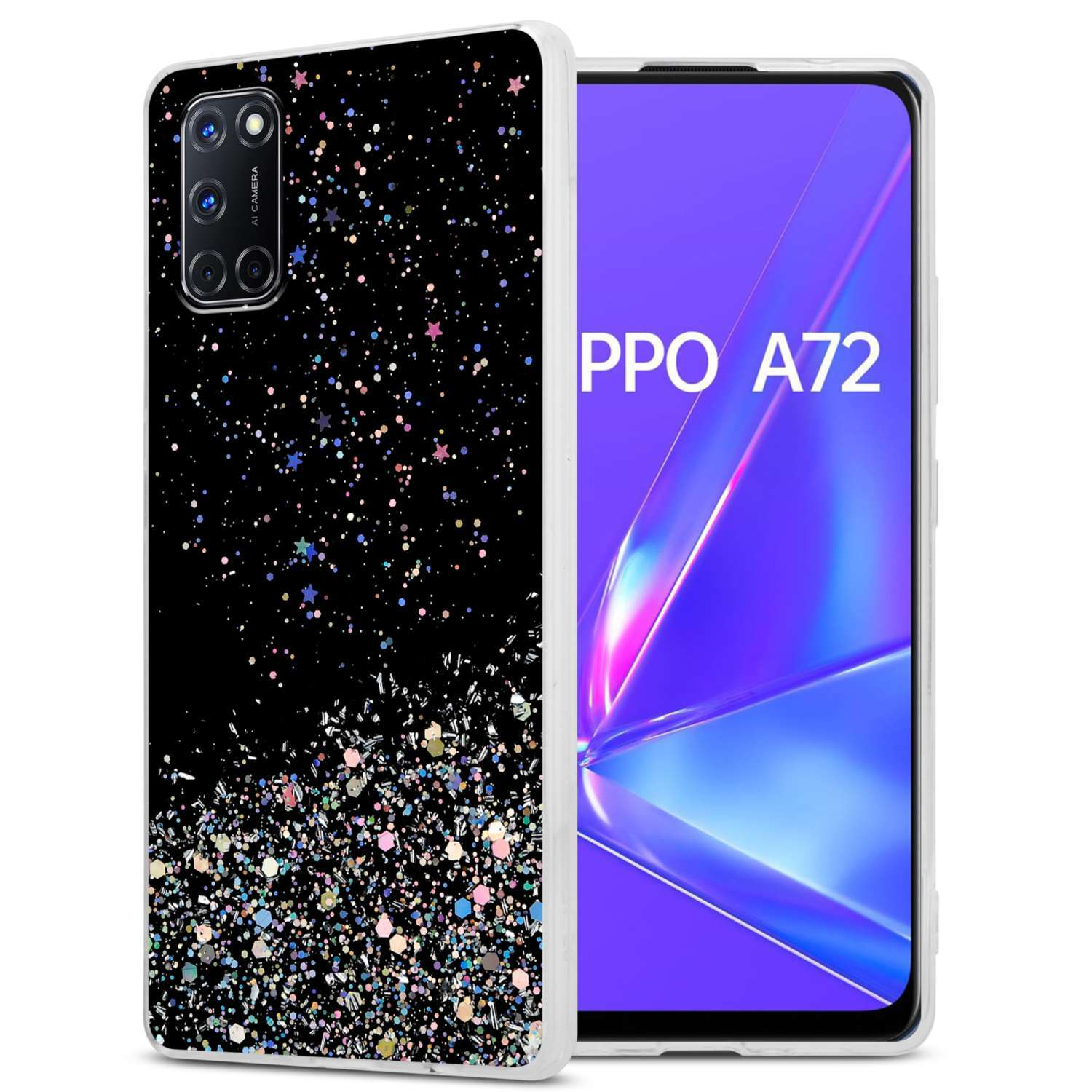 Un telefono in una custodia nera e glitterata con schermo viola.